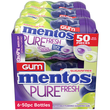 Mentos Pure Fresh Sugar-Free Chewing Gum, Grape Medley, 50 Count (Pack of 6) - Bulk Chewing Gum with Xylitol