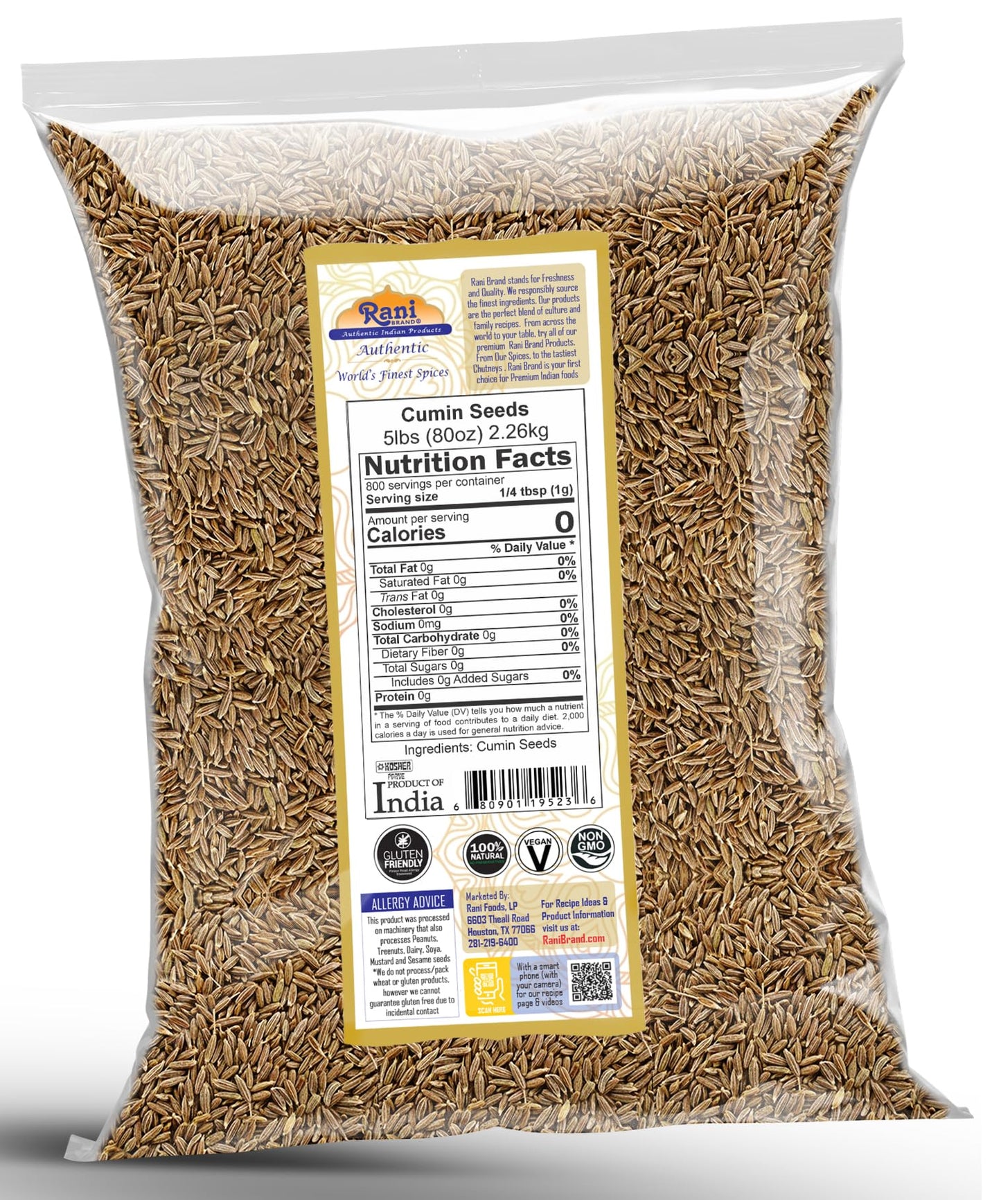 Rani Cumin Seeds Whole (Jeera) Spice 80oz (5lbs) 2.27kg Bulk ~ All Natural | Gluten Friendly | NON-GMO | Kosher | Vegan | Indian