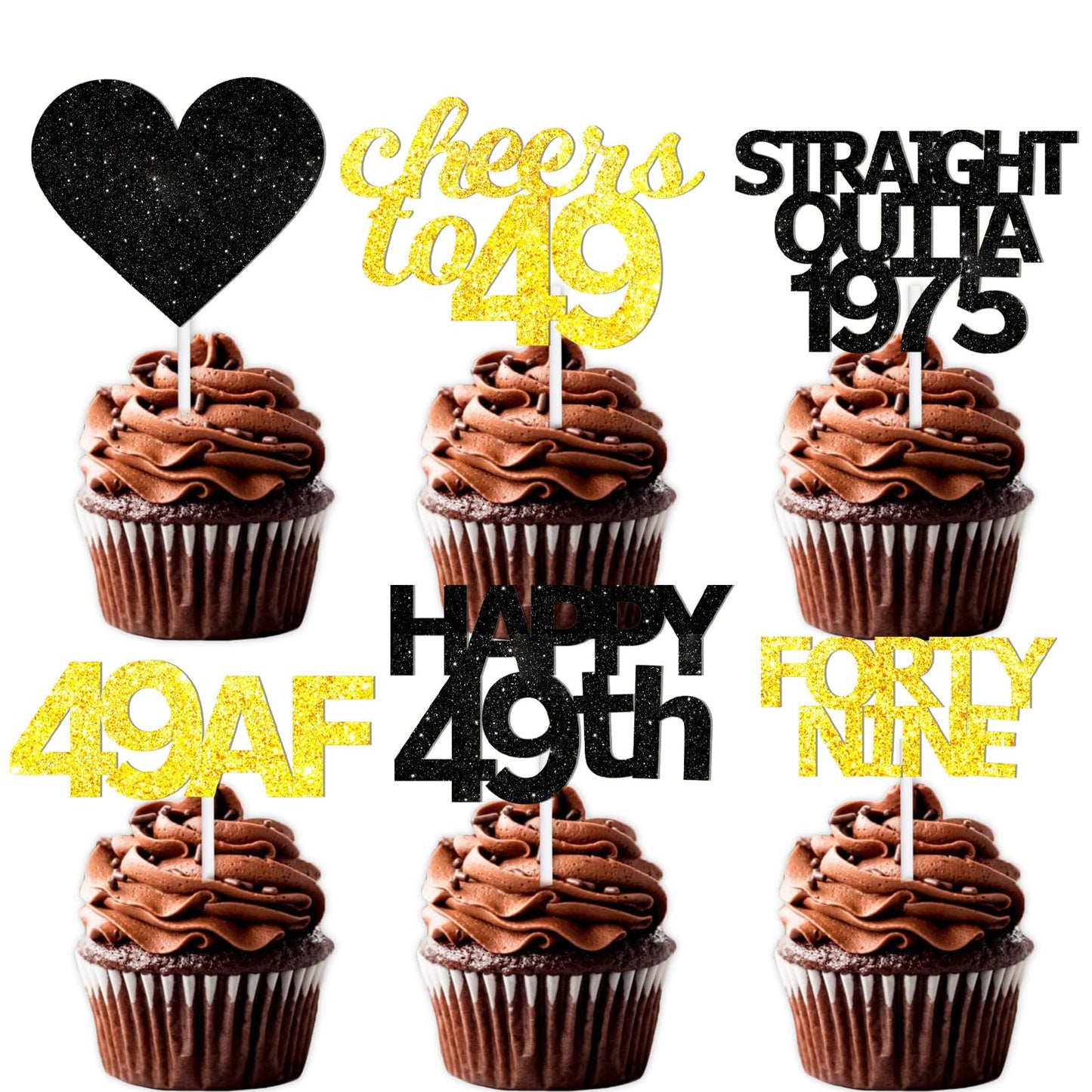 18Pcs Black Gold Glitter Dessert Cupcake Pick For Straight Outta 1975 Cheer To 49 Years Old Theme Decor Supplies Happy 49Th Birt