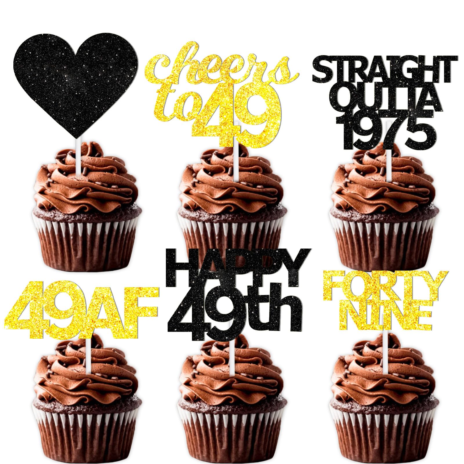 18Pcs Black Gold Glitter Dessert Cupcake Pick For Straight Outta 1975 Cheer To 49 Years Old Theme Decor Supplies Happy 49Th Birt