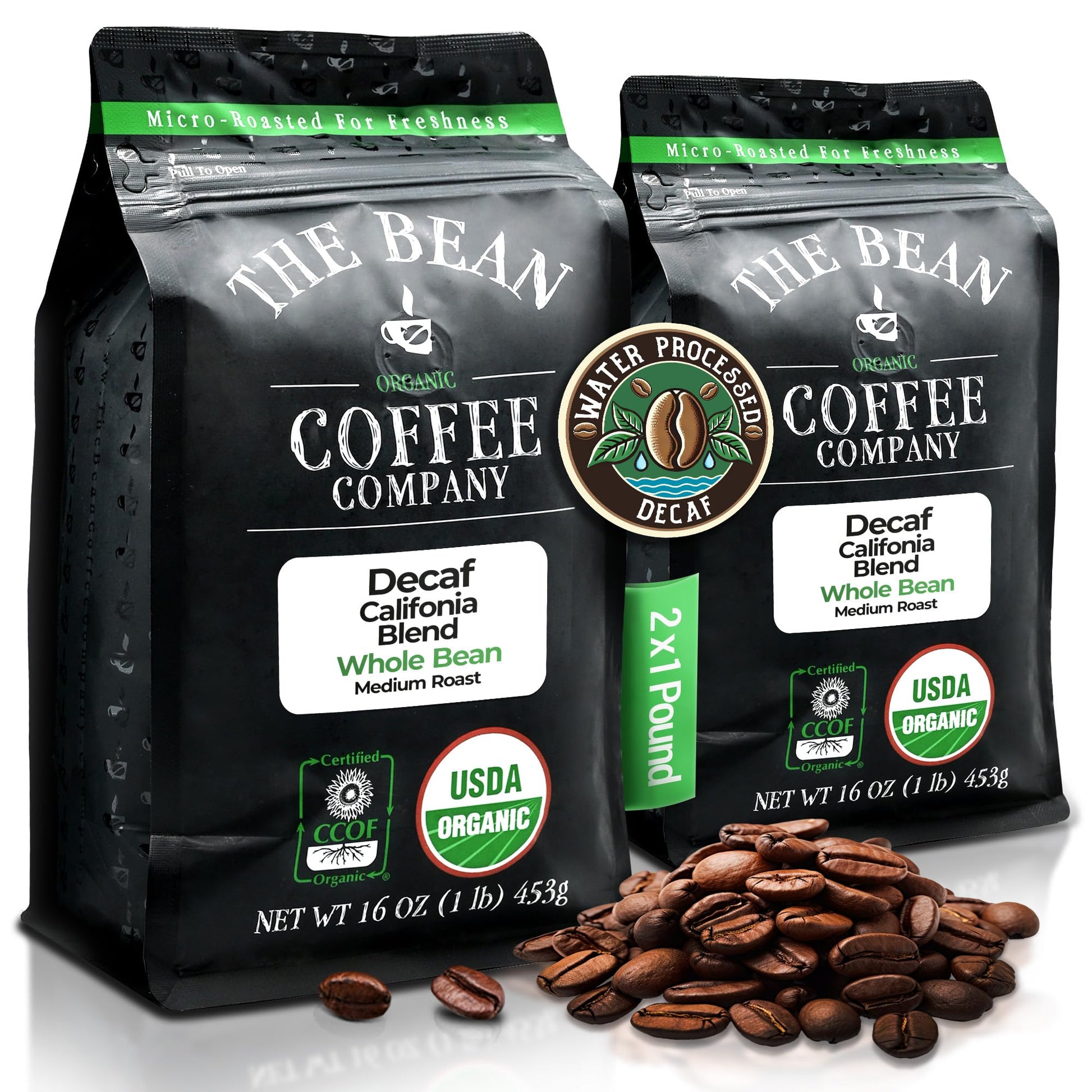The Bean Organic Coffee Company Water Processed DECAF California Blend, Medium Roast, Whole Bean Coffee, 16-Ounce Bags (Pack of 