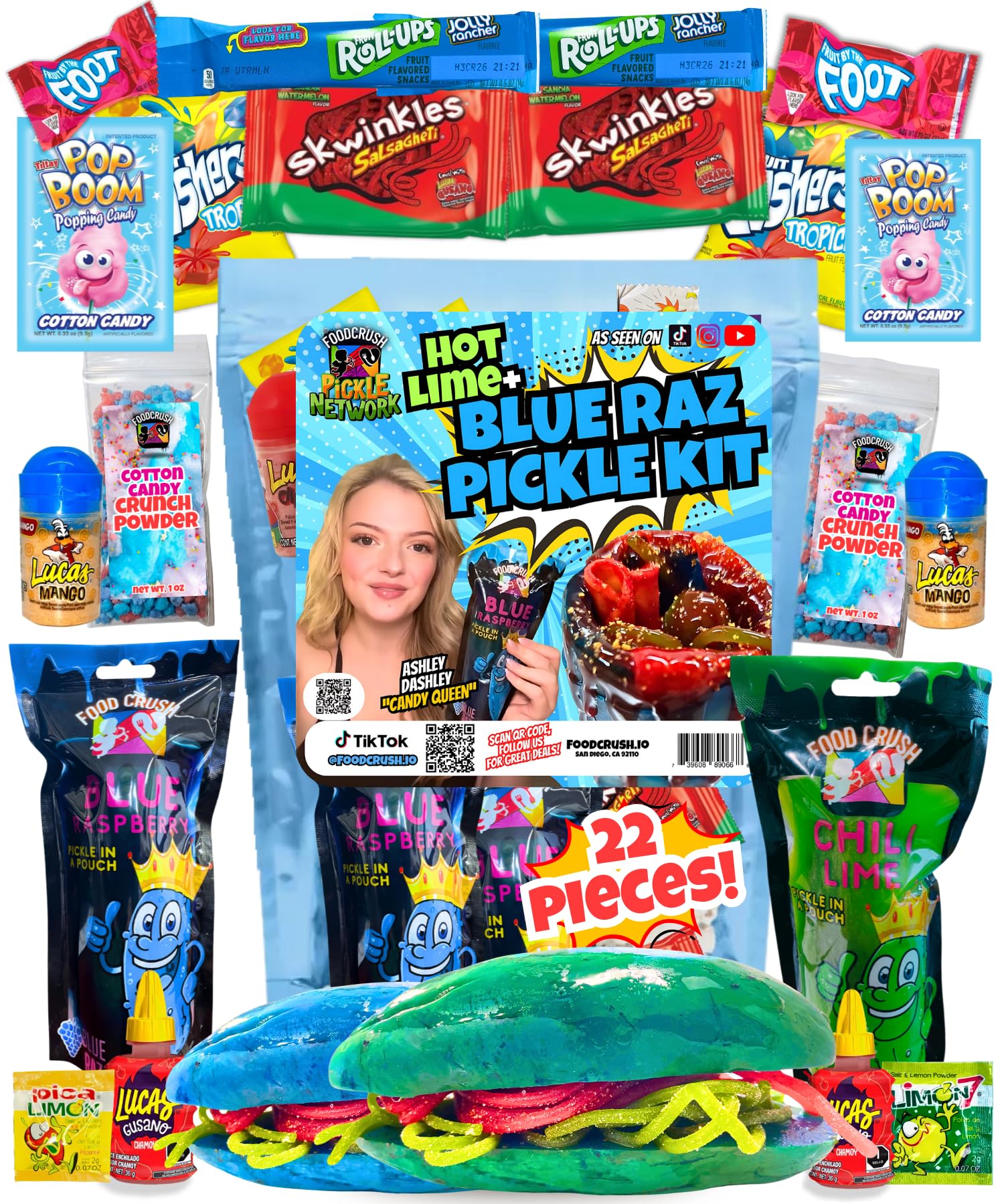 Blue Raspberry Pickle Kit + Hot Chili Lime Pickle-Gift Pouch By Ashley Dashley From Tiktok-1 Blue + 1 Hot Lime Pickles W/Skwinkles, Crunch Powder, Fruit Roll Ups By Food Crush