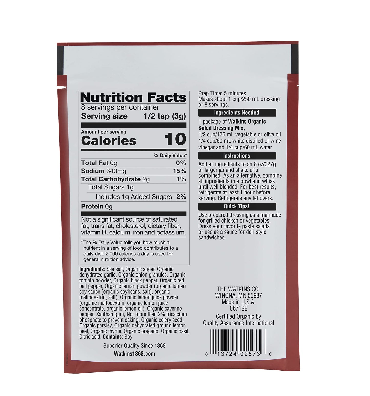 Watkins Organic Italian Salad Dressing Mix, 0.85 Oz. Packets, 12-Pack