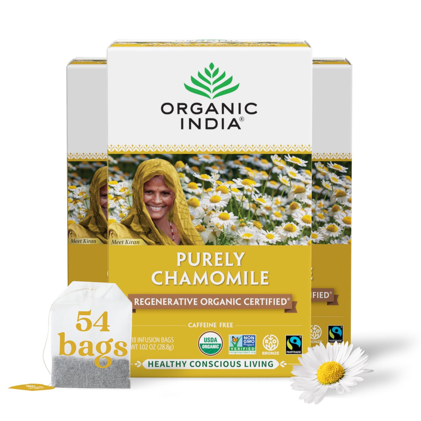 Organic India Chamomile Tea - Caffeine Free Herbal Tea, Calming & Relaxing, 18 Count (Pack of 3)