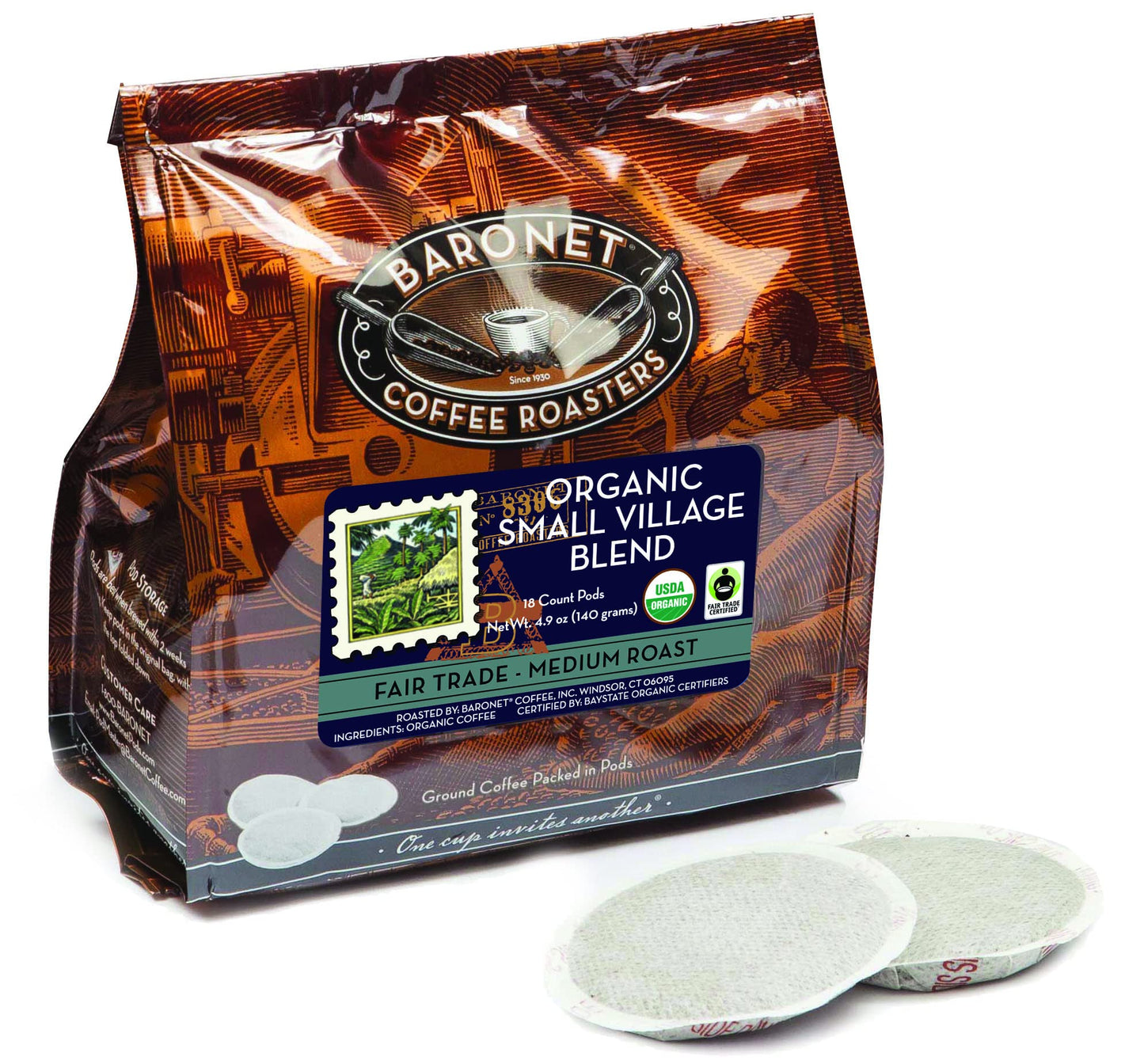 Baronet Coffee Pods - Organic Medium Roast, Regular Strength, 54 Pods (3 Bags of 18 Count) - Single Serve Use