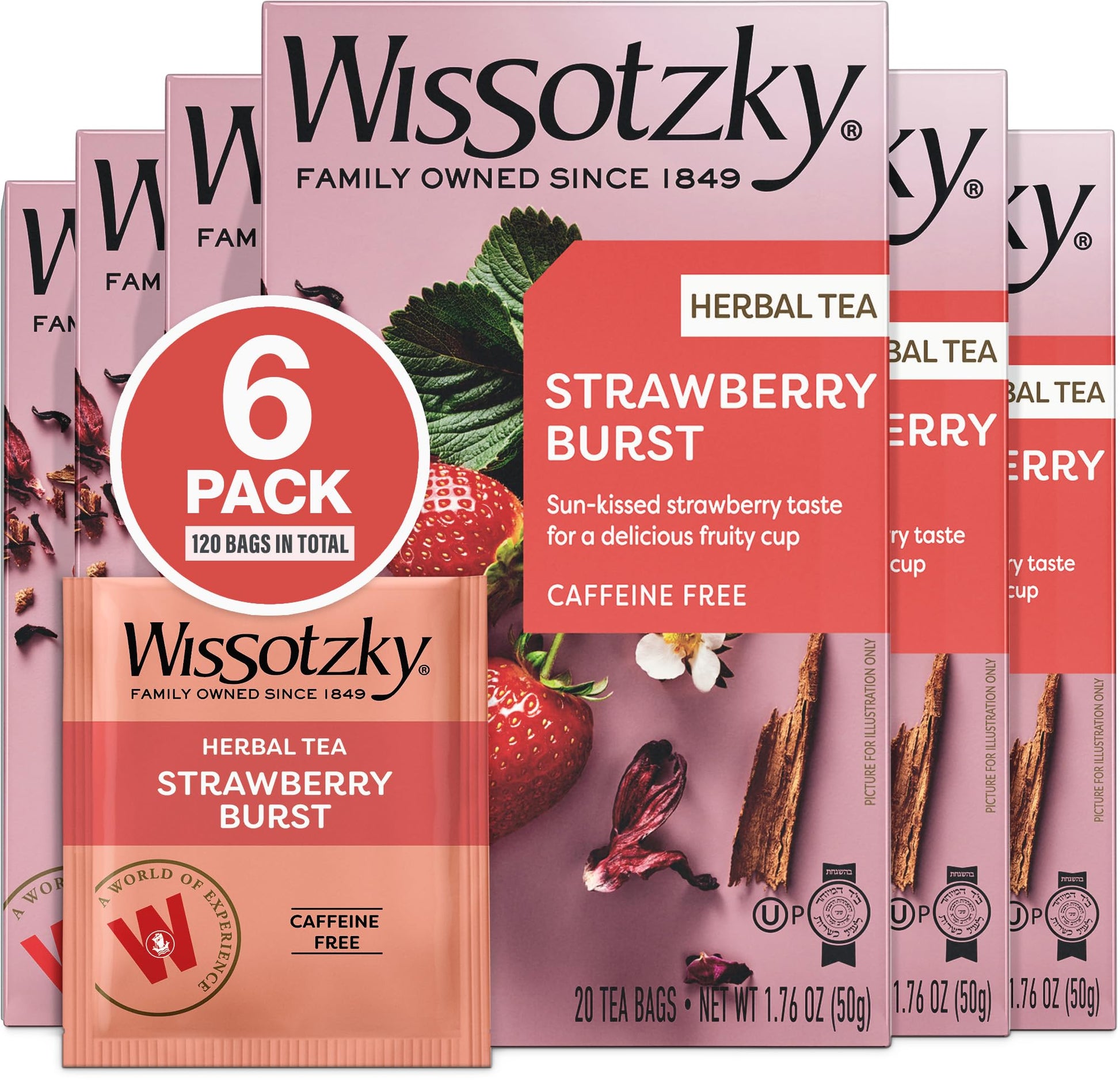 Wissotzky Strawberry Burst Herbal Tea - Caffeine Free, Antioxidant Rich, 6 Pack (120 Tea Bags)
