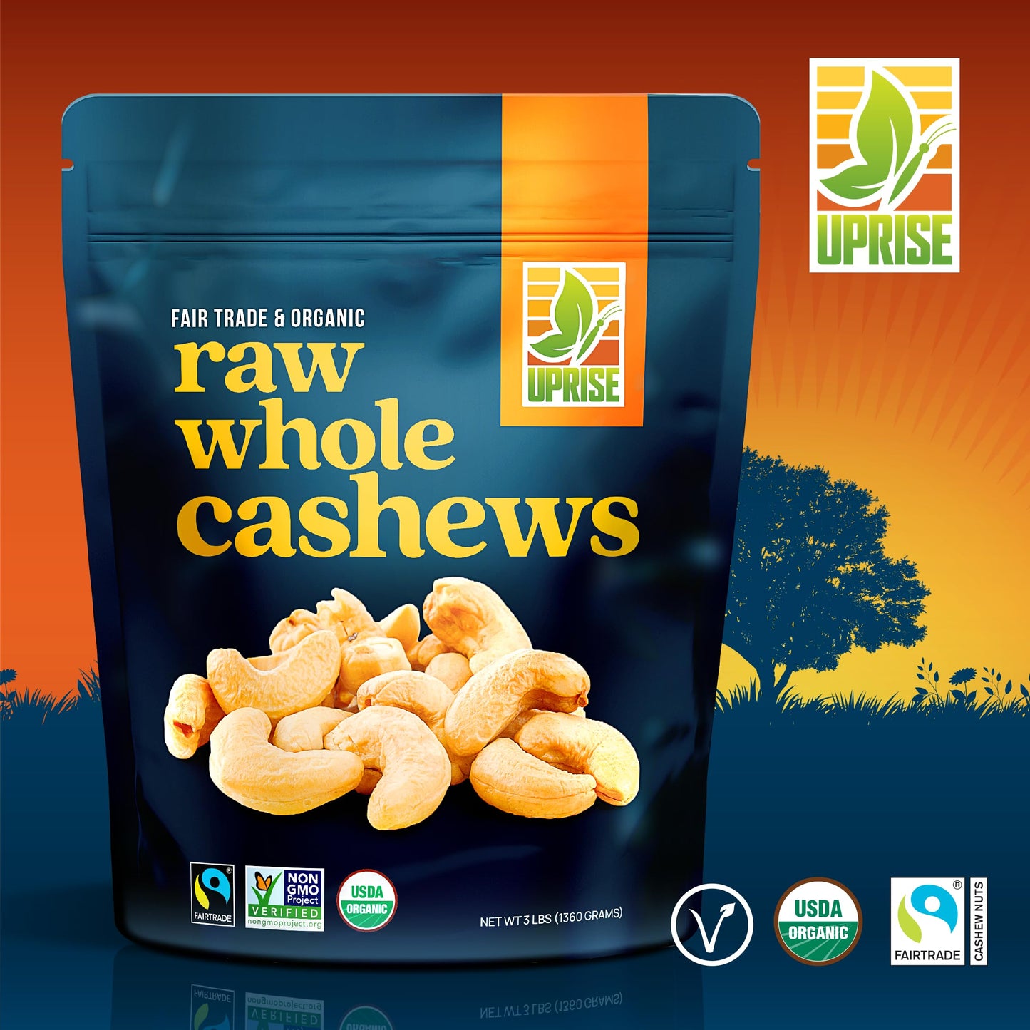 Fair Trade Organic Raw Cashews W320 (3 Lb) - Premium Whole Nuts For Snacking & Cooking, Ethically Sourced, Certified Sustainable