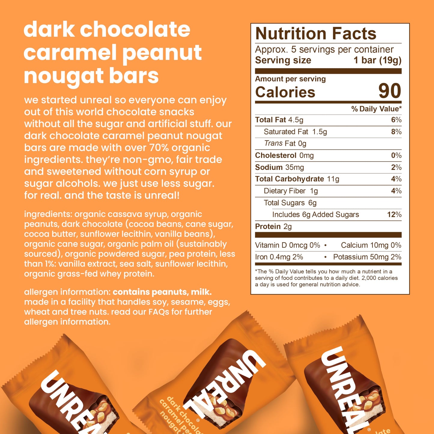 UNREAL Dark Chocolate Caramel Peanut Nougat Bars | 70% Organic, Fair Trade | 6 Bags, 3.4 Ounce Each