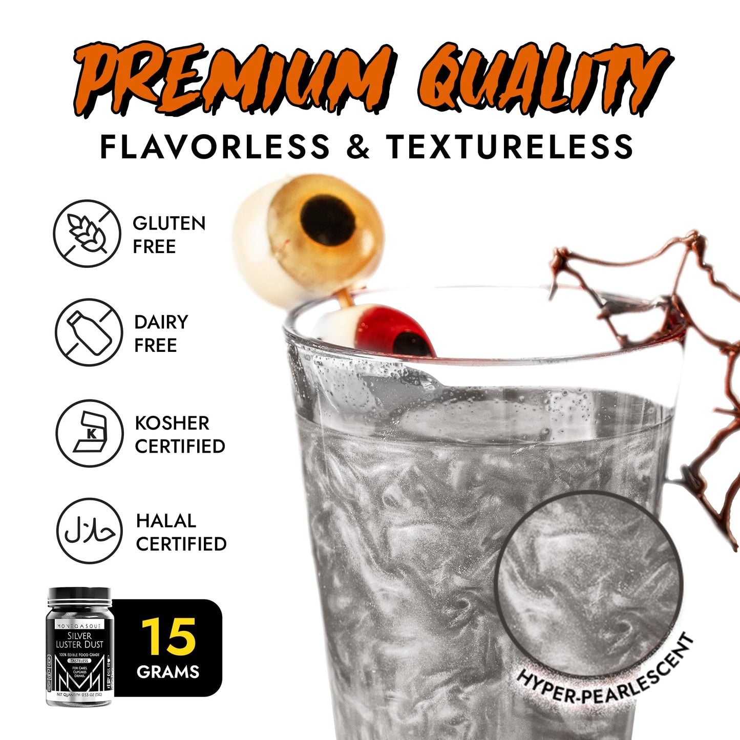 Mon  Gasque Silver Luster Dust Edible Glitter For Cocktails 15G - Premium Silver Edible Luster Dust For Halloween Food Decoratio