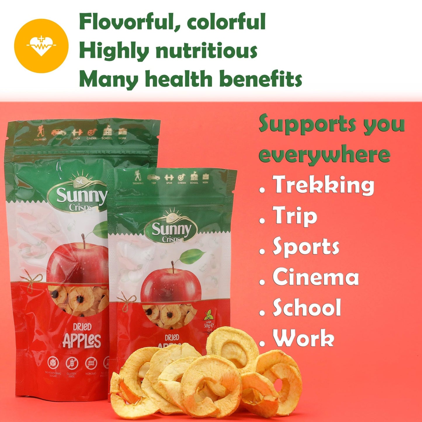 Sunny Crisps Dried Apples No Sugar Added 1.76 Oz - Chewable Dried Apple Slices For Potpourri - Ring Shaped Dehydrated Apple Slic