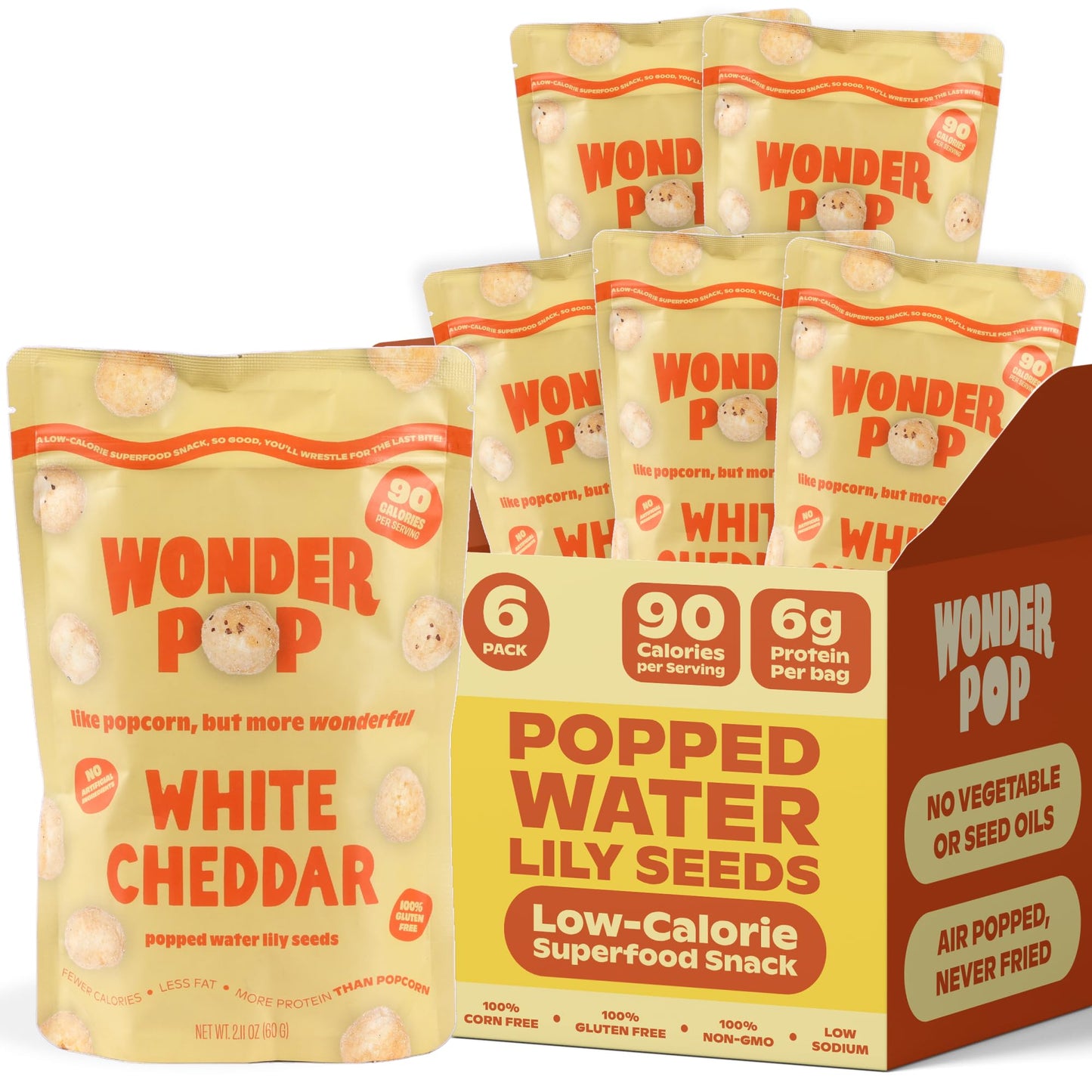 WonderPop White Cheddar - Popped Water Lily Seeds (6-Pack) | Gluten-Free, Non-GMO, 90 Calorie, 6g Protein | Crave-Worthy Low-Cal