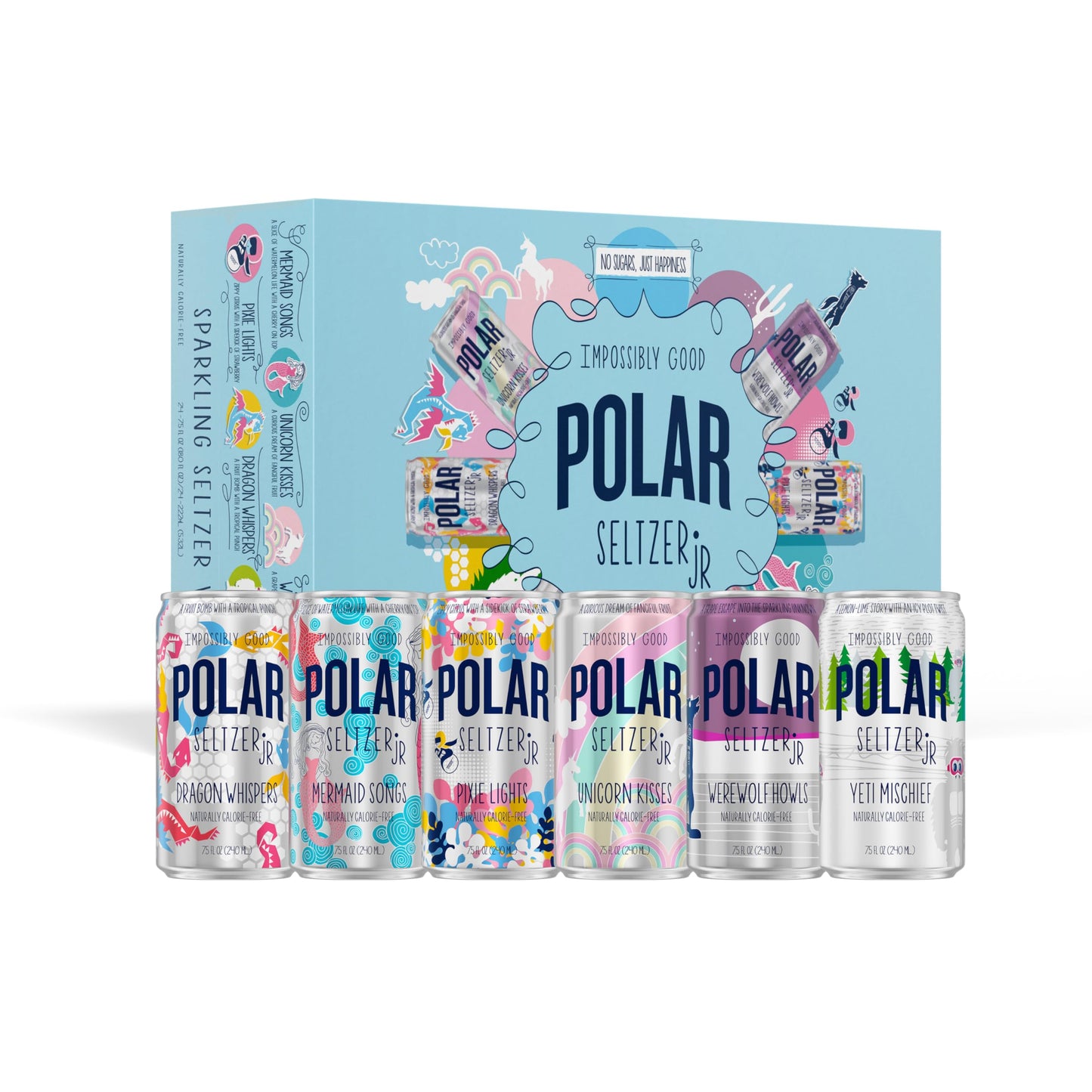 POLAR Seltzer Jr Variety Pack, Mini Cans, 7.5 fl oz, 24 Pack, No Sugar, 6 Flavors