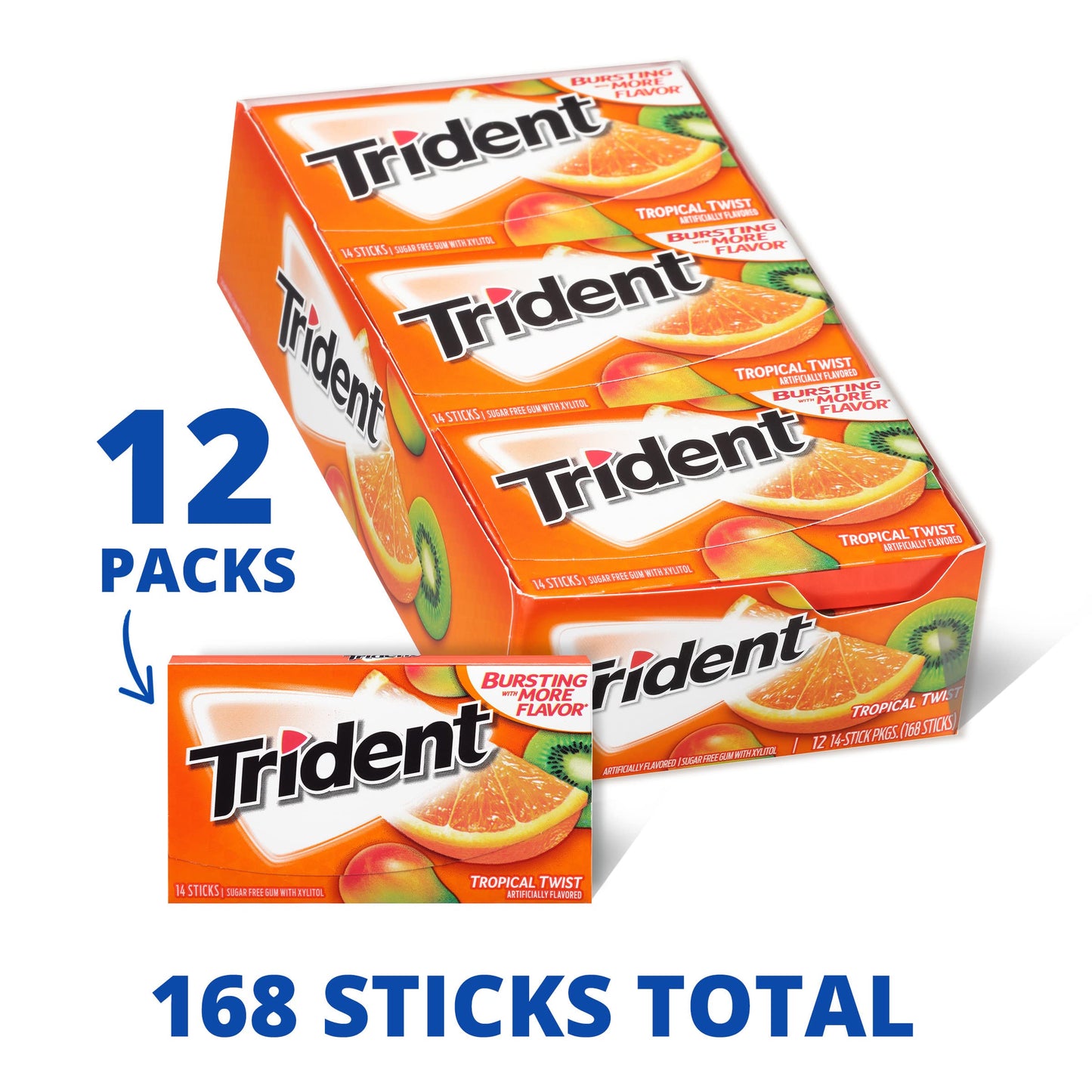 Trident Sugar-Free Chewing Gum Tropical Twist, 14 Count (Pack of 12), 168 Total Pieces