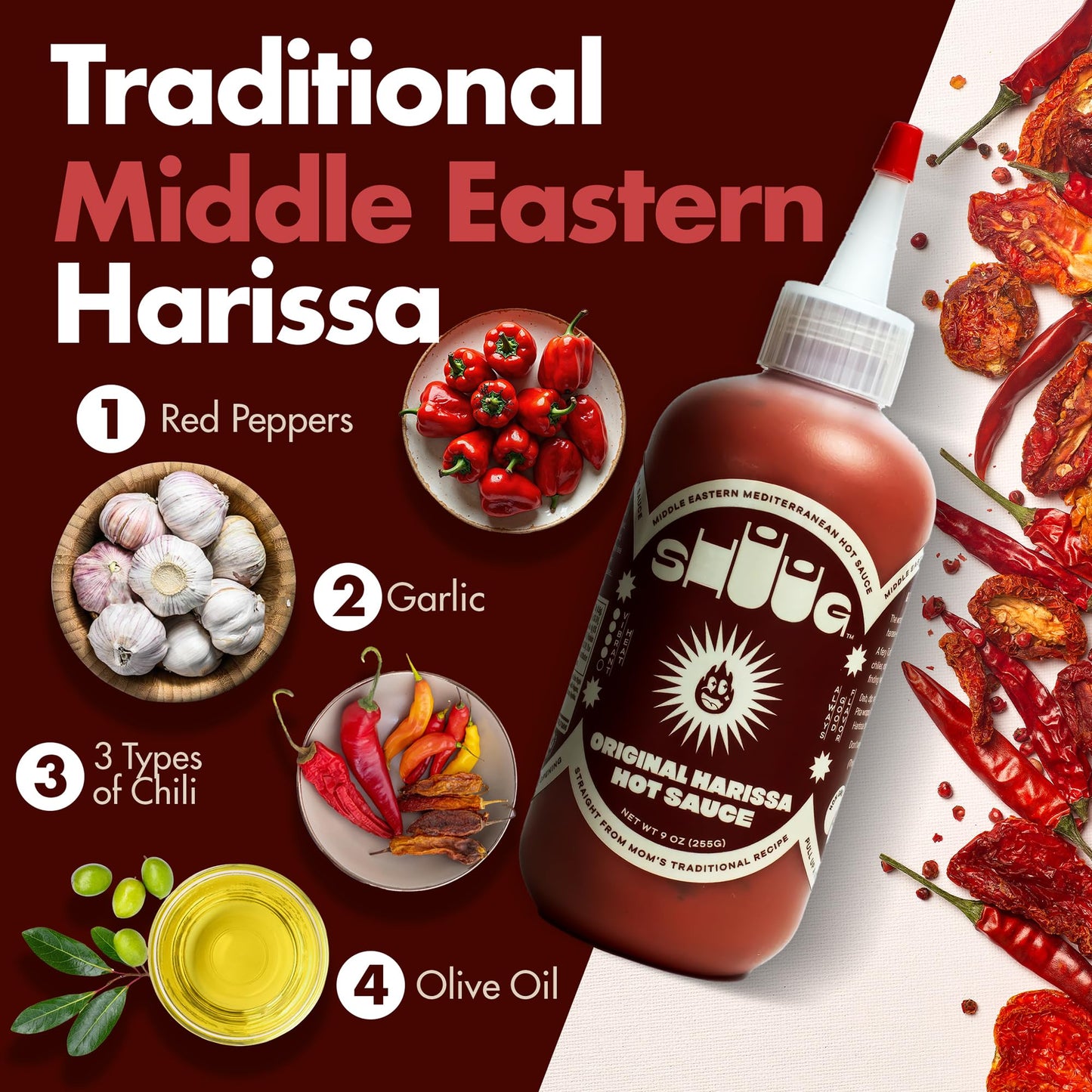 SHUUG Harissa Sauce (9oz) | Hot & Spicy Red Pepper Flavor | Middle Eastern Harissa Paste Sauce with Dried Chilis  Lemon & Garlic | Vegan  Non-GMO  Kosher | Flavor Cooking  Dipping & Marinades | 9oz