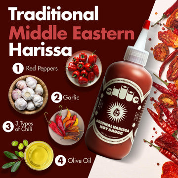 SHUUG Harissa Sauce (9oz) | Hot & Spicy Red Pepper Flavor | Middle Eastern Harissa Paste Sauce with Dried Chilis  Lemon & Garlic | Vegan  Non-GMO  Kosher | Flavor Cooking  Dipping & Marinades | 9oz
