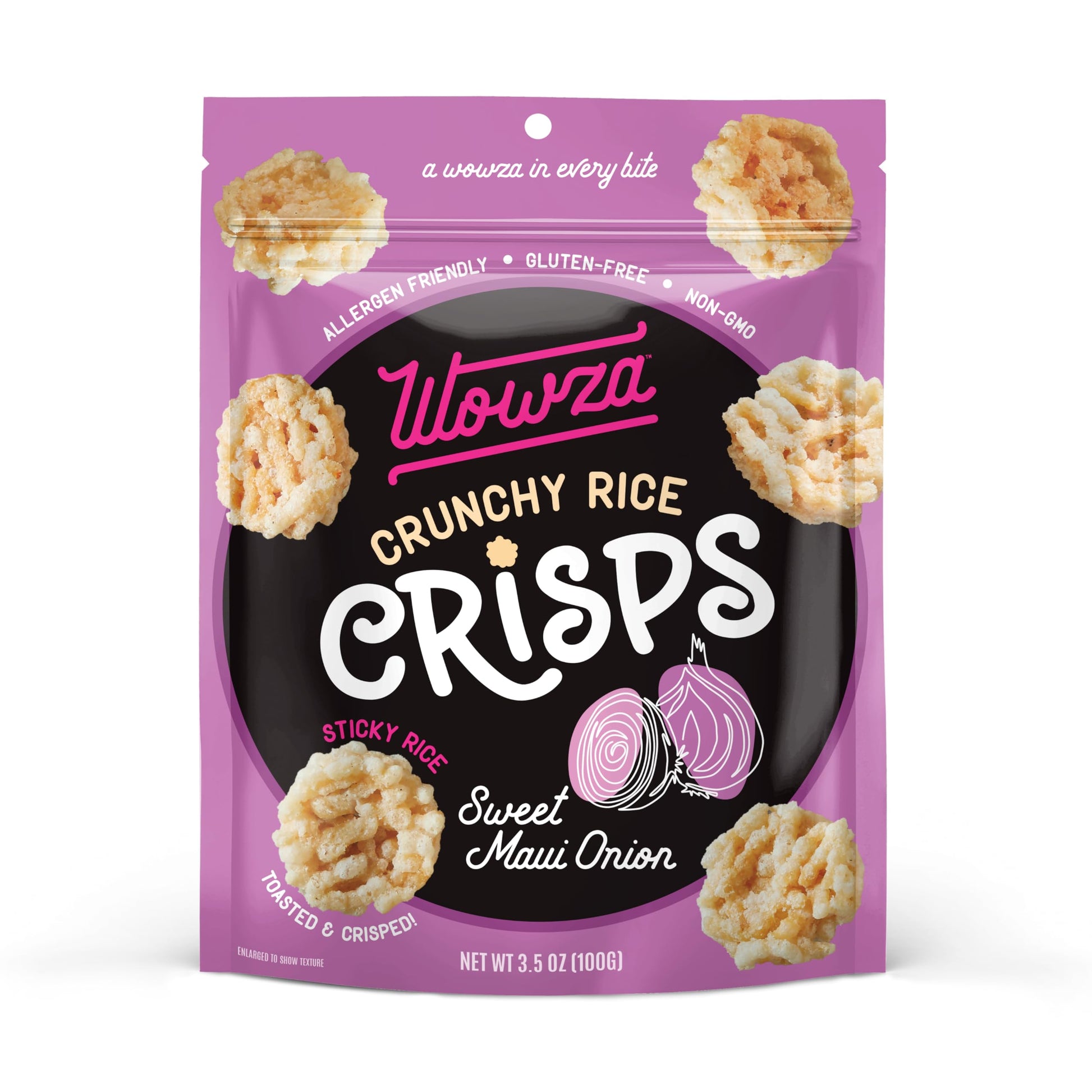 Wowza Sweet Maui Onion Rice Crisps, Healthy Sticky Rice Crunchy Rice Crisps, 3.5 oz bag (8 pack)