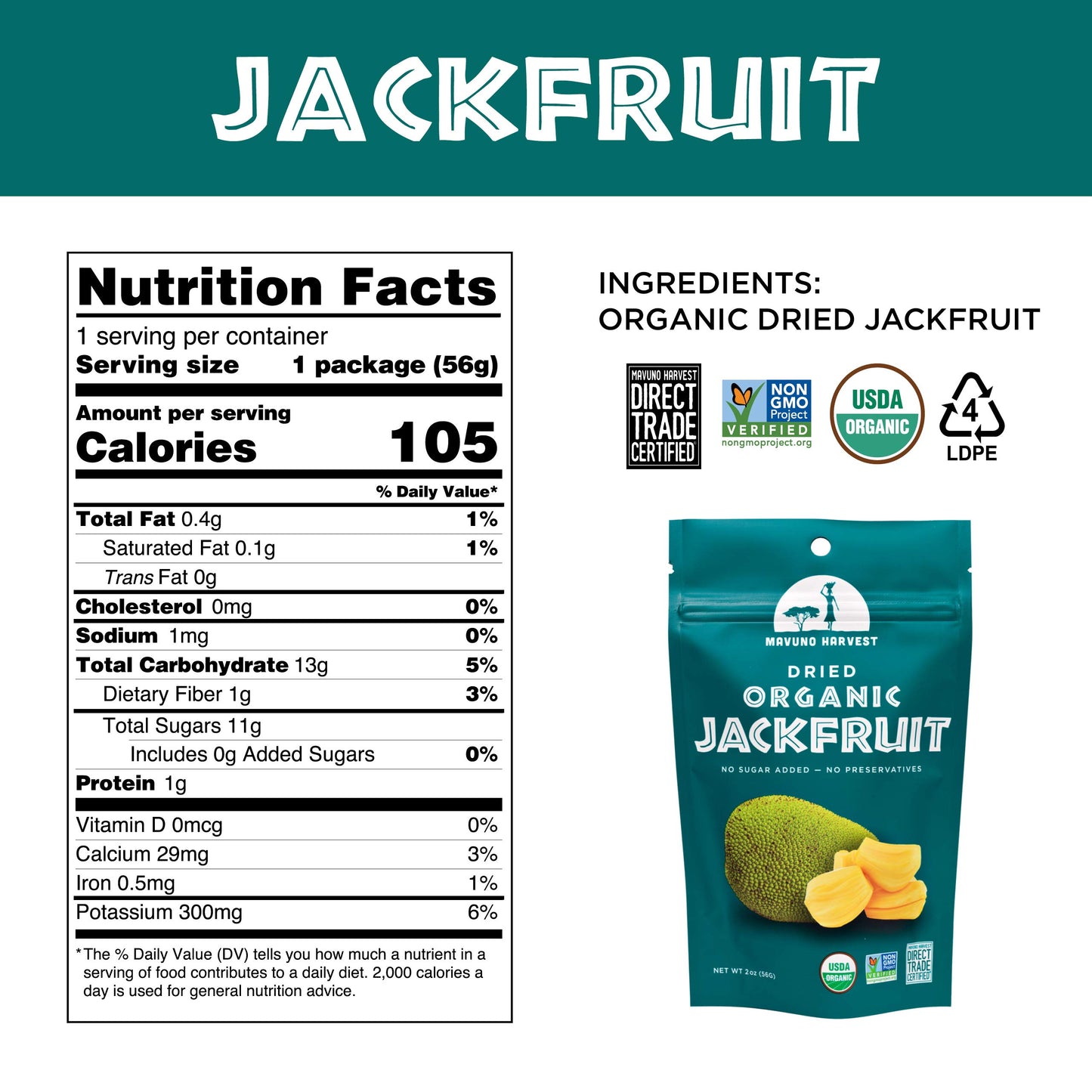Mavuno Harvest Jackfruit Dried Fruit Snacks | Unsweetened Organic Dried Jackfruit Chips | Gluten Free Healthy Snacks For Kids And Adults | Vegan, Non Gmo, Direct Trade | 2 Ounce, Pack Of 3