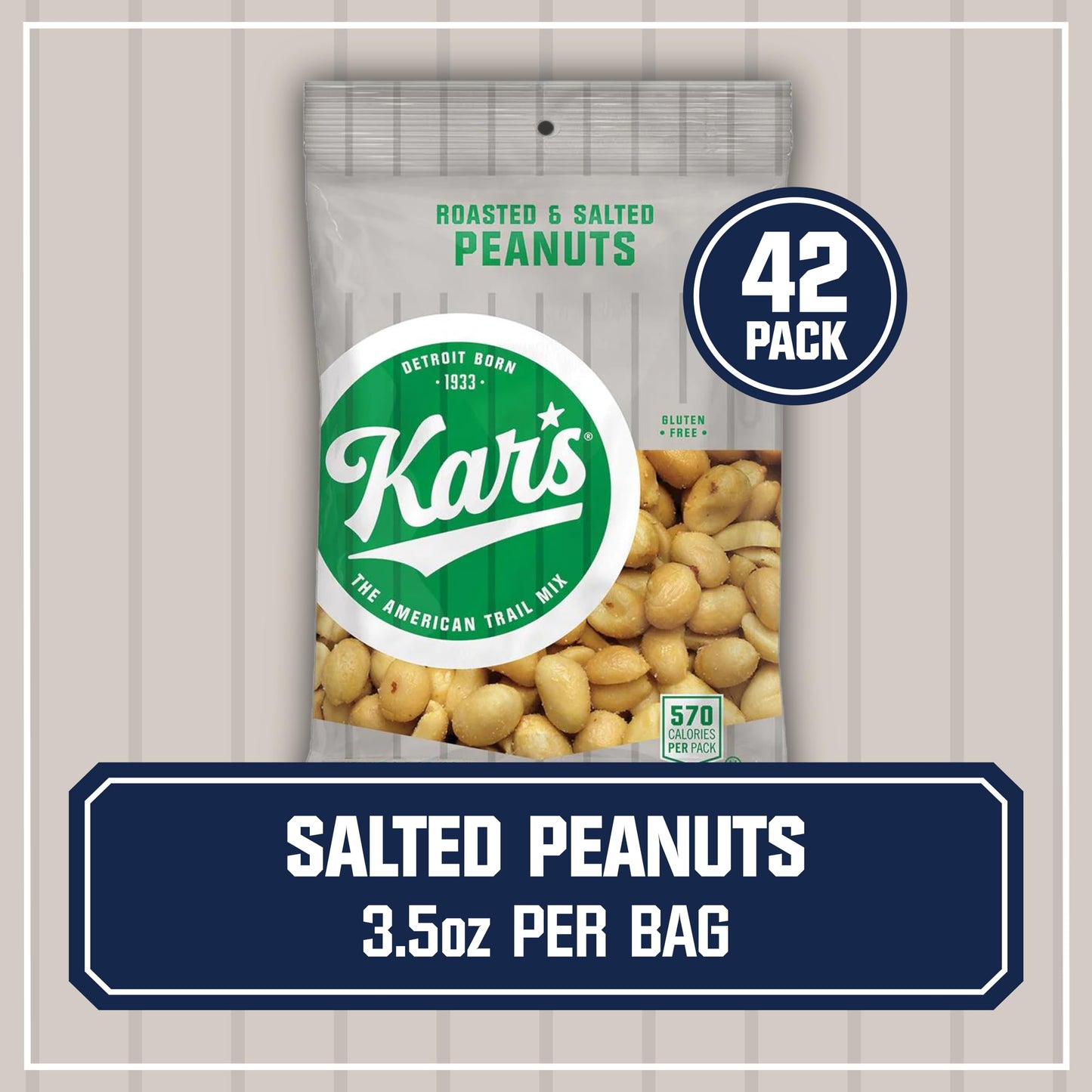 Kars Nuts Roasted & Salted Peanut Snacks, 3.5 oz Individual Snack Packs - Bulk Pack of 42, Gluten-Free Snack Mix