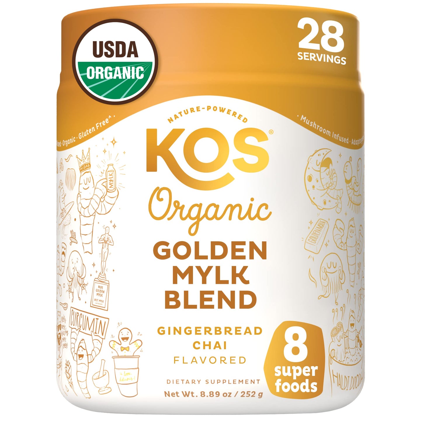 KOS Golden Milk Powder, USDA Organic Superfoods - Instant Turmeric and Ginger Latte with Mushroom Blend - Coffee Creamer, Desser