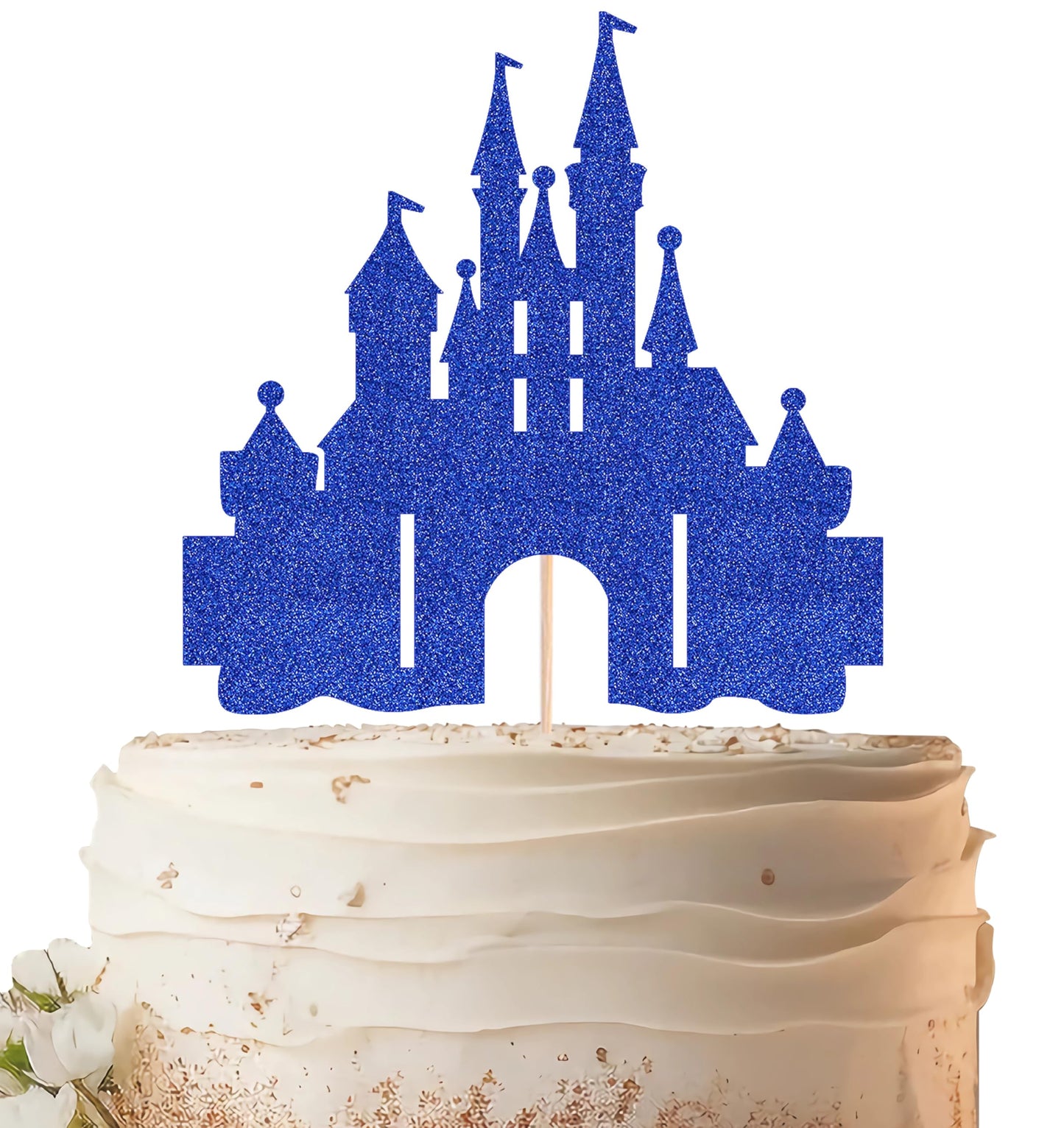 EONNCNT Castle Cake Topper - Royal Blue Glitter Cardboard Birthday Decoration Supplies