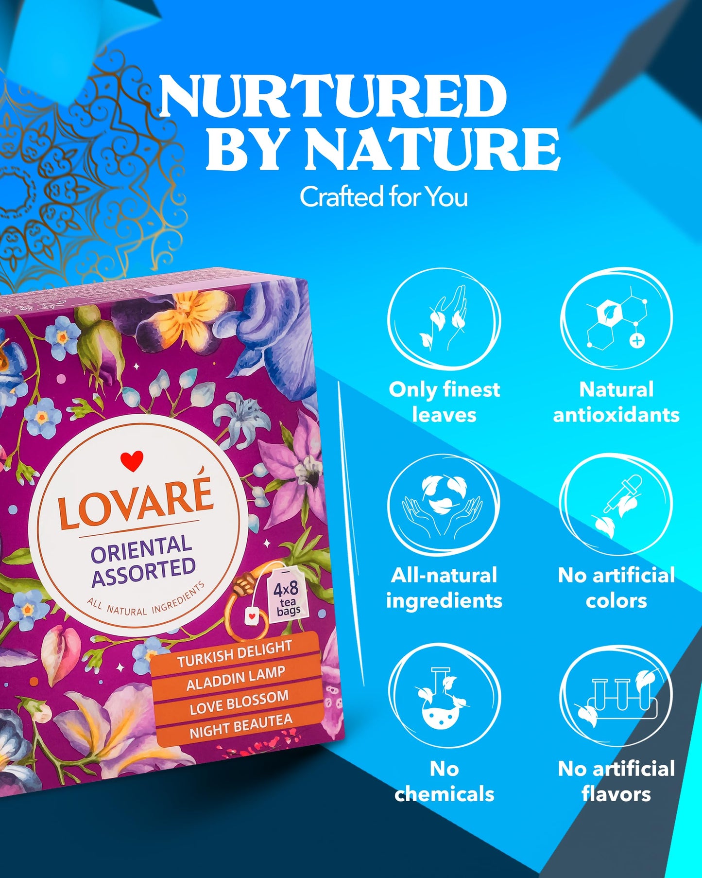 LOVARE Assorted Tea Variety Pack - 32 Individually Wrapped Tea Bags - Flavors: Turkish Delight, Aladdin Lamp, Love Blossom, Night Beautea
