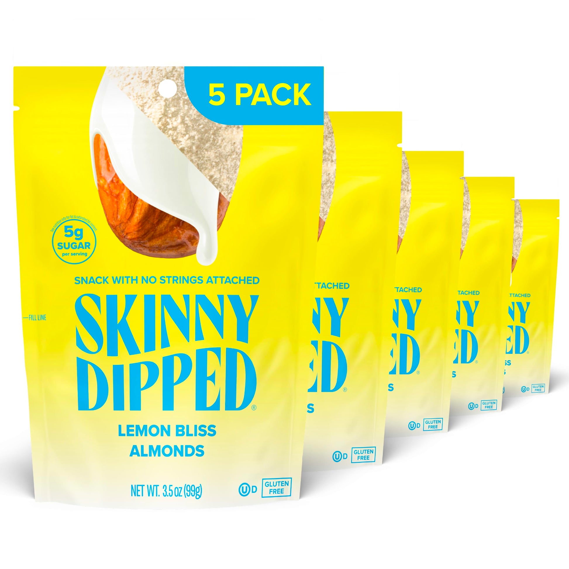 SkinnyDipped Lemon Bliss Almonds, Healthy Snack, Plant Protein, Gluten Free, 3.5 oz Resealable Bags, Pack of 5