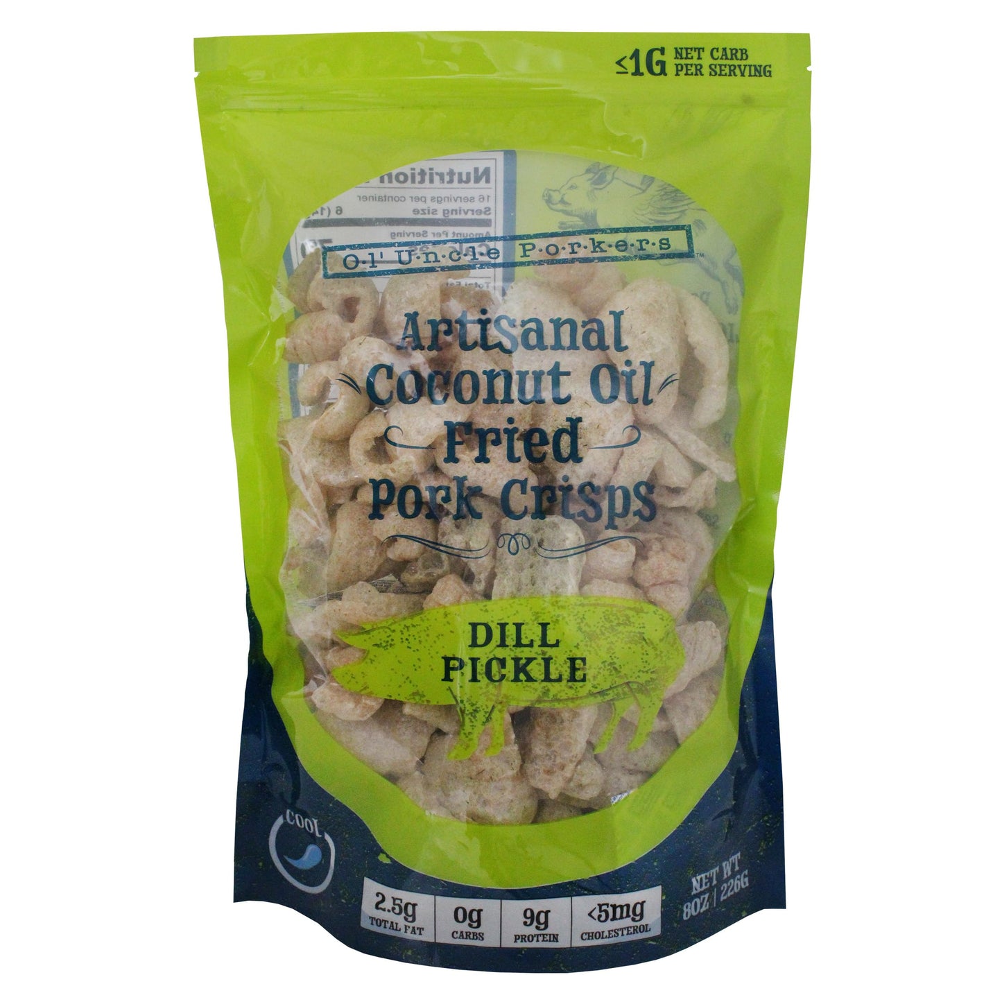 Ol Uncle Porkers Keto-Friendly Pork Rinds, Dill Pickle Flavor, 8oz Bag, Zero Carb Snack