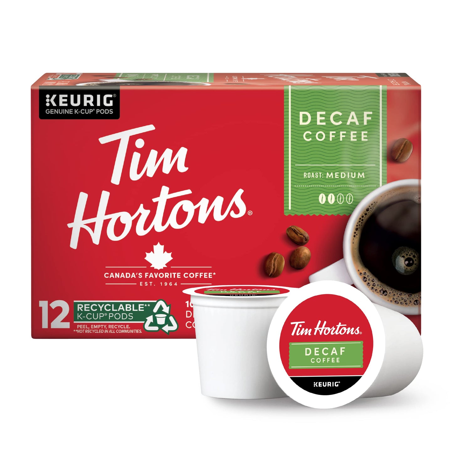Tim Hortons Decaf Medium Roast Coffee K-Cup Pods, 12 Count, Compatible with Keurig Brewers, Brown