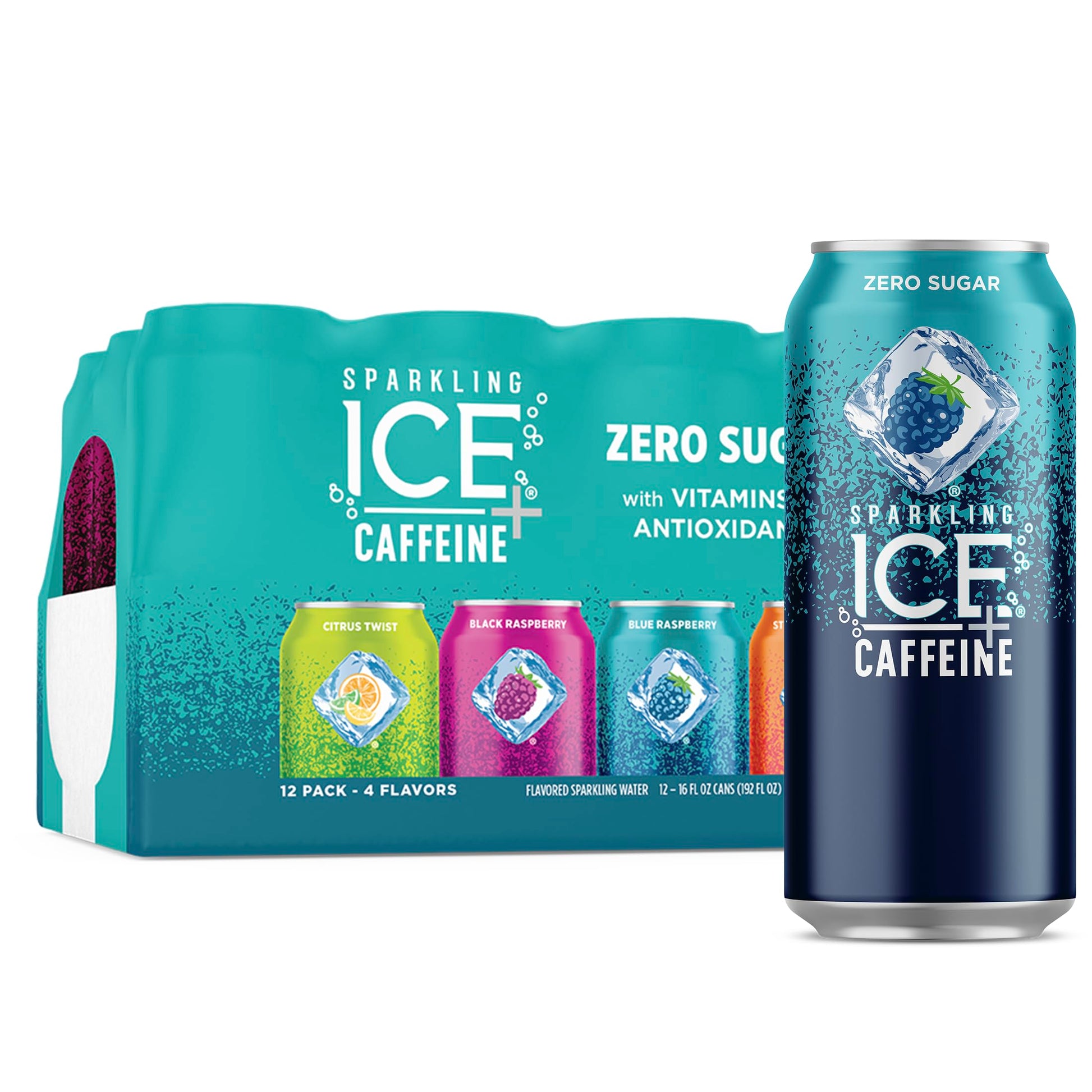 Sparkling Ice Flavored Sparkling Water +Caffeine Variety Pack, Zero Sugar, 16 Fl Oz, 12 Count, Citrus Twist, Black Raspberry, Blue Raspberry, Strawberry Citrus