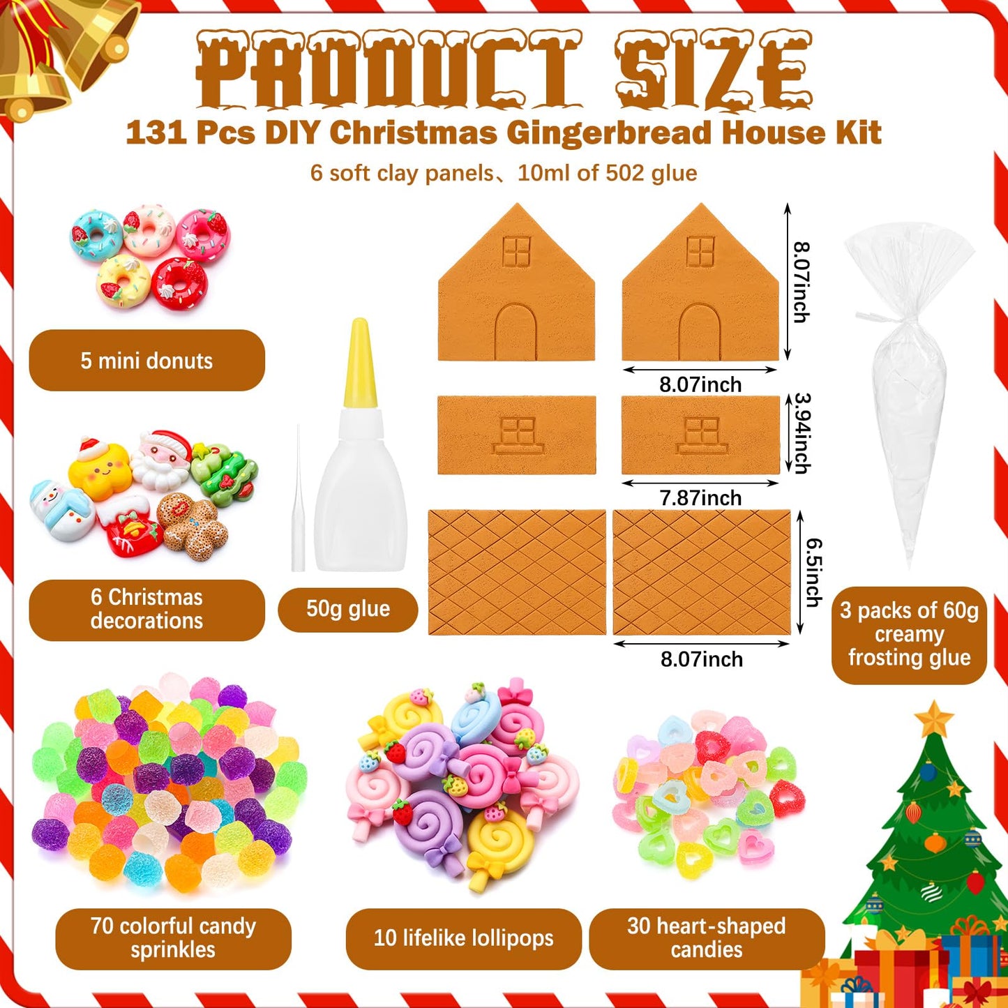 Weysat Large Gingerbread House Kit: 131 Pcs Holiday Cookie Decorating Kit - 8 Inch Easy To Assemble Christmas Gingerbread House Craft Creative Build & Gift For Xmas Diy Fun Party Favor Decor