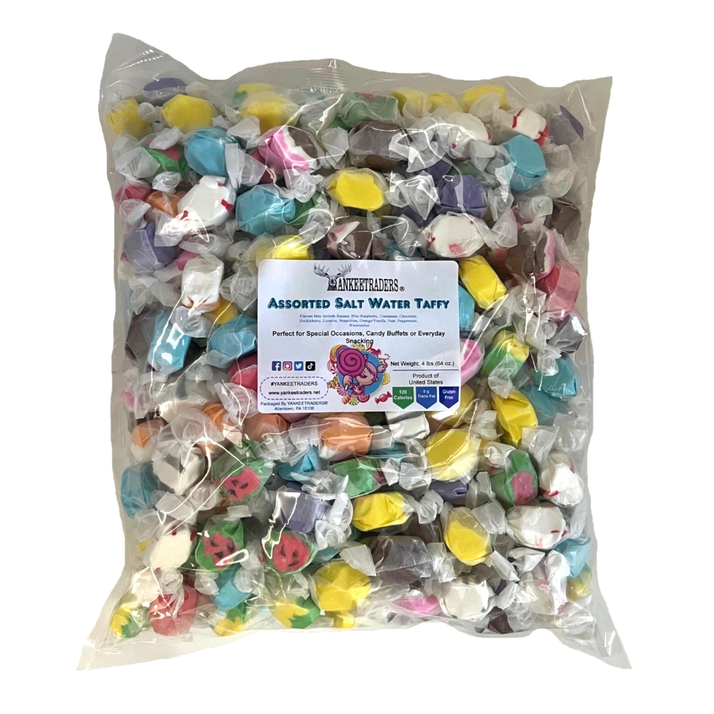 YANKEETRADERS Salt Water Taffy, Assorted Flavors, 2 and 4 Pound Bulk Packages, Soft Non-Sticky Classic Candy, Perfect for Beach,