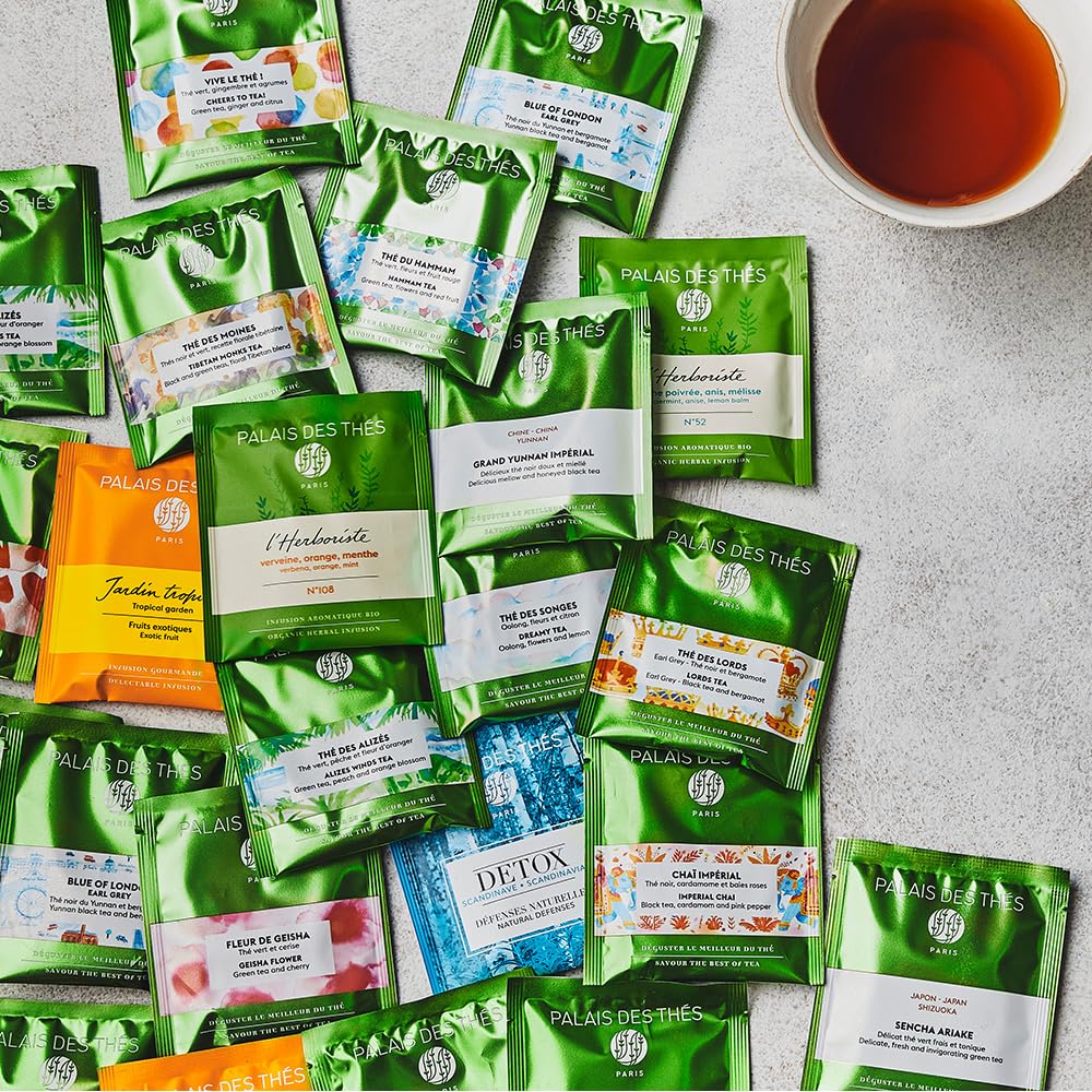Palais Des Thés - Tibetan Monks - Black & Green Tea Floral Blend - Enhanced Tea Bags, Serves 20 Cups