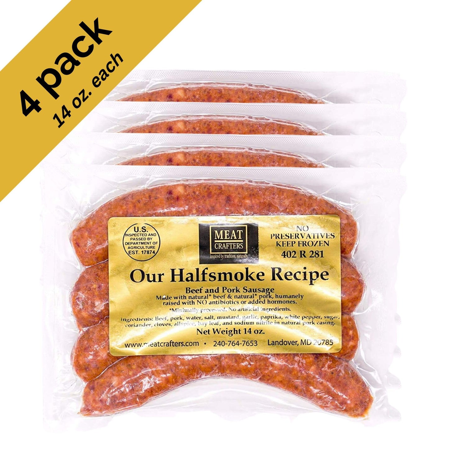Meatcrafters Half Smoke Recipe Beef & Pork Sausage, Minimally Processed, No Artificial Ingredients, 14Oz (4-Pack, 16 Total Links