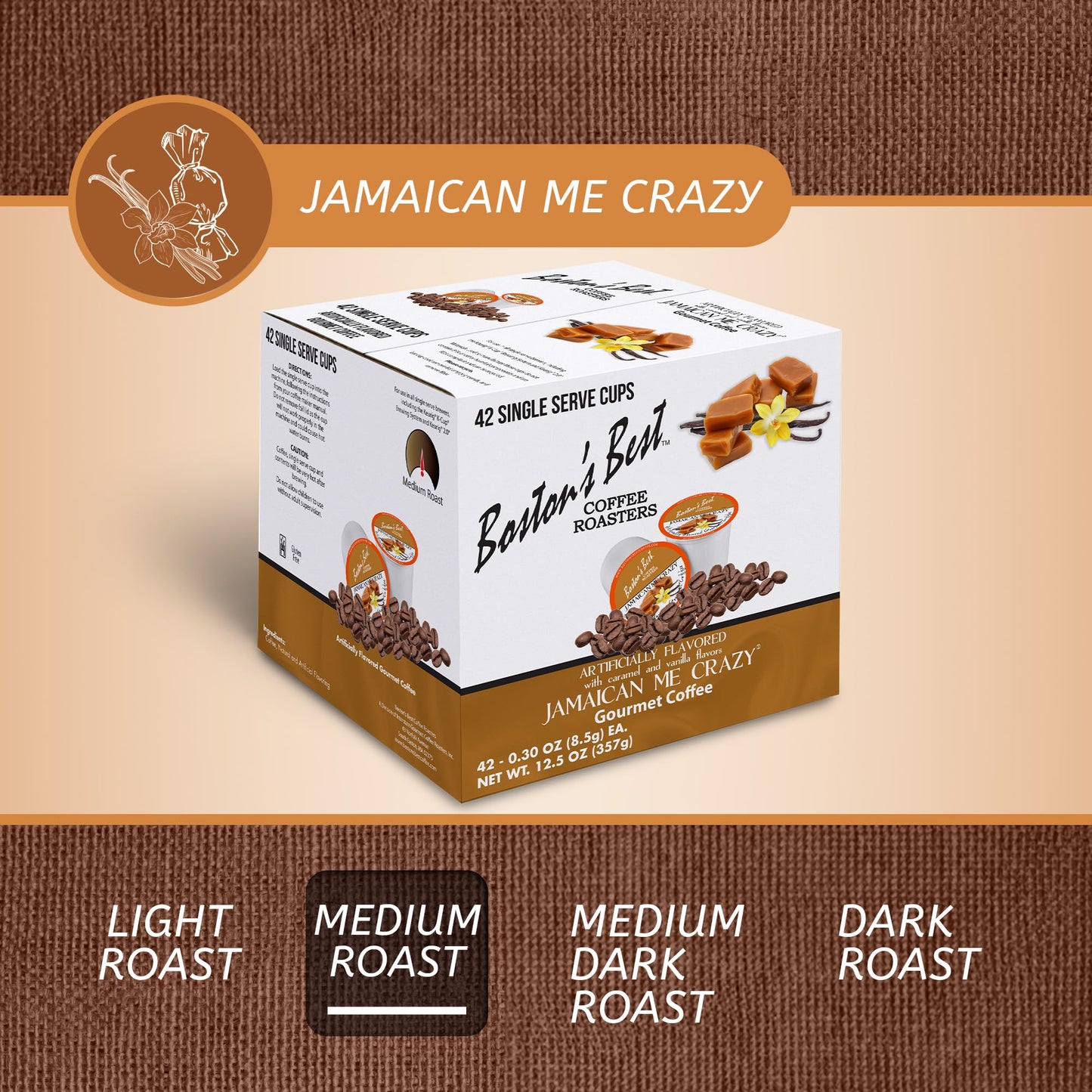 Bostons Best Jamaican Me Crazy Flavored Coffee, Gourmet 42 Single Serve Cups Compatible with Keurig, Model 017809009097