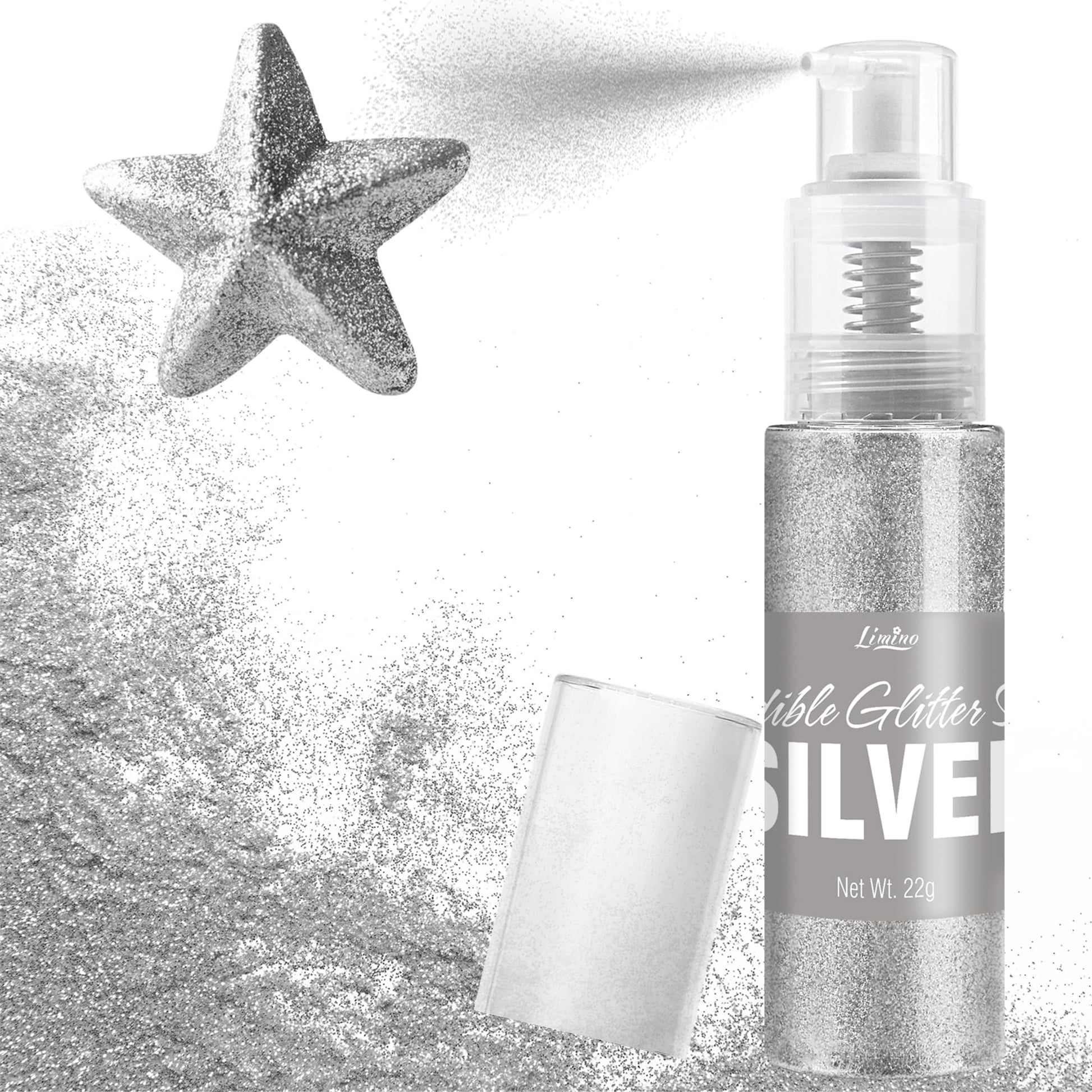 Limino Edible Glitter Spray - 22g Metallic Food Grade Shimmer Glitter for Cake Decorating, Icing, Candy - Silver