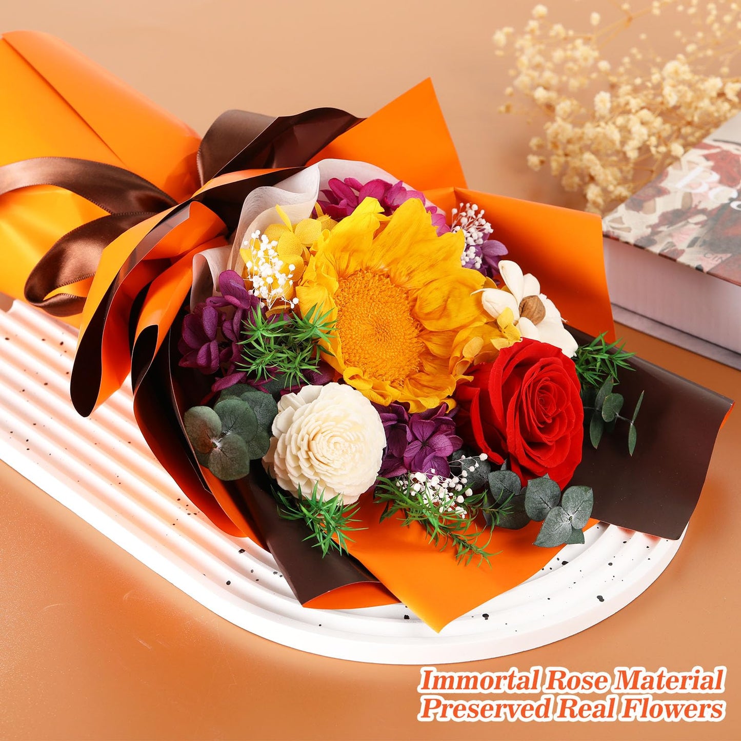 Jtoder Forever Flowers For Delivery Prime, Preserved Long Lasting Orange Sunflower Bouquet For Mom Wife Girlfriend On Mothers Da