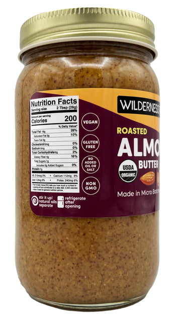 Wilderness Poets, Roasted Almond Butter - Organic, Smooth, Creamy, No Salt, Unsweetened - 1 Lb (16 Oz) Glass Jar