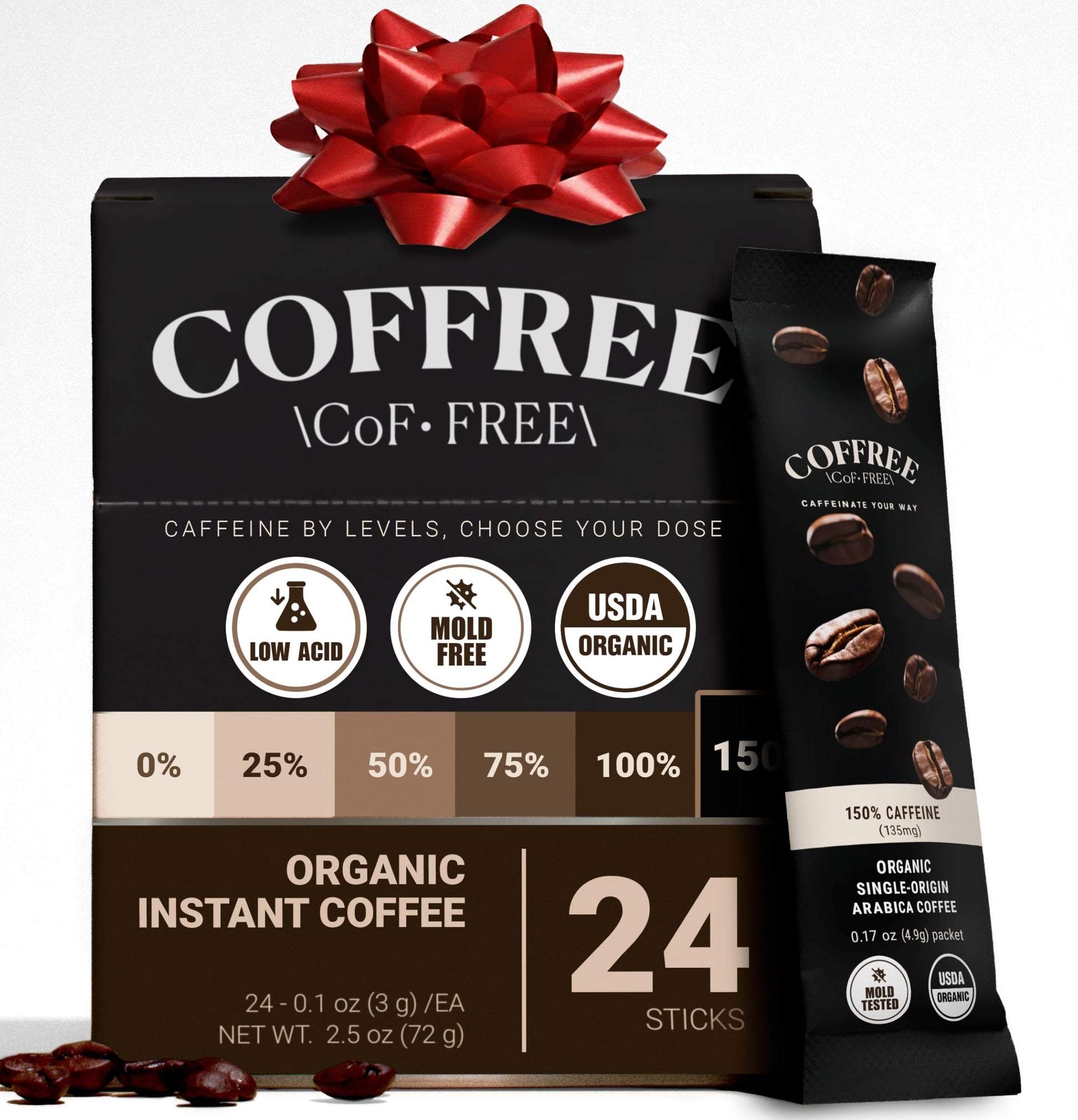 Coffree Organic Instant Coffee Packets - 150% Extra Strong Dark Roast  Convenient Coffee Sticks  Mold Free  Low Acid Arabica For On-The-Go Energy - Hot Or Cold Single Serve Tpartyl Packets 24 Count