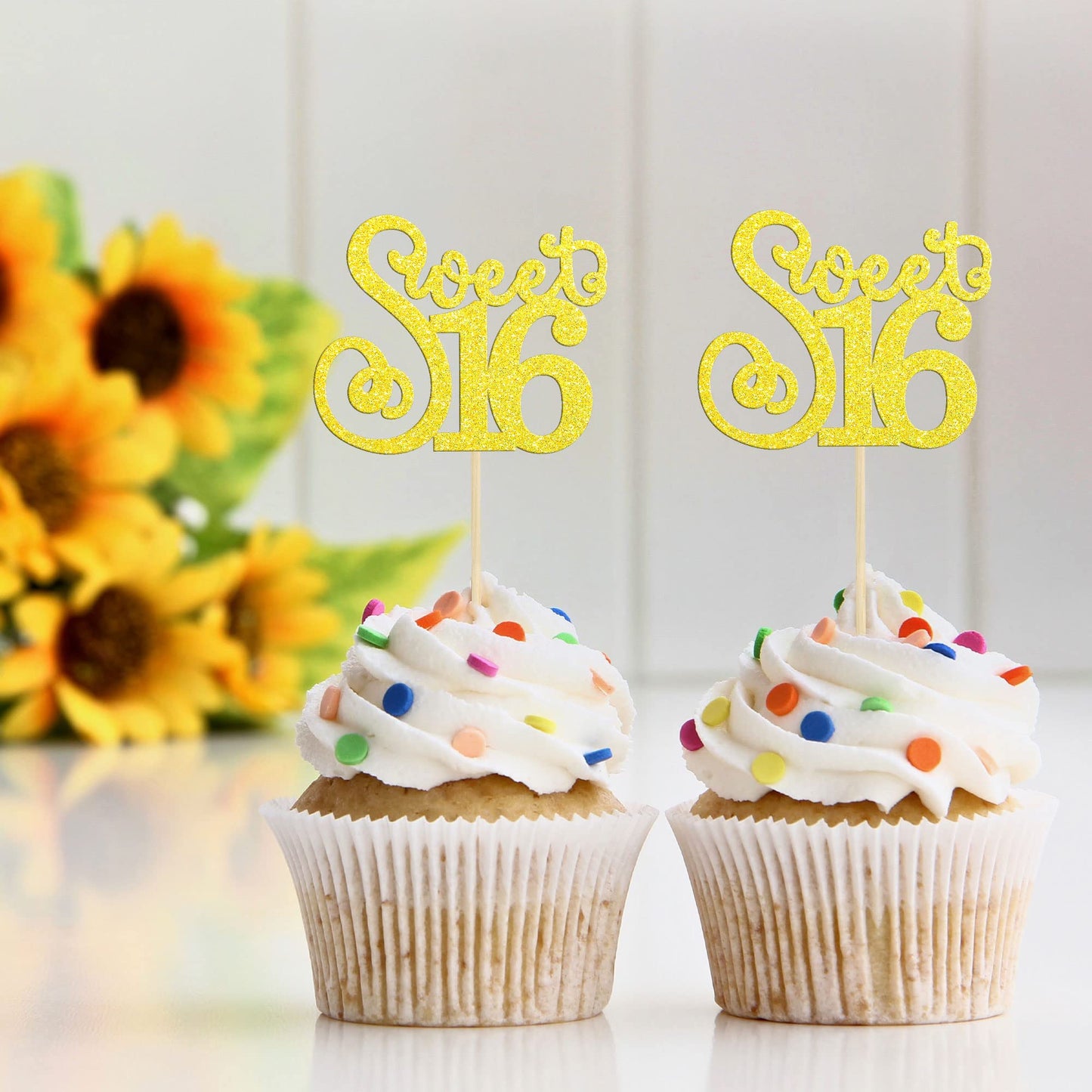 Gyufise 24 Pack Cupcake Toppers, Glitter Sixteen Happy Sweet 16 Decorations, Multi Gold, Model ZN0475-4-LG