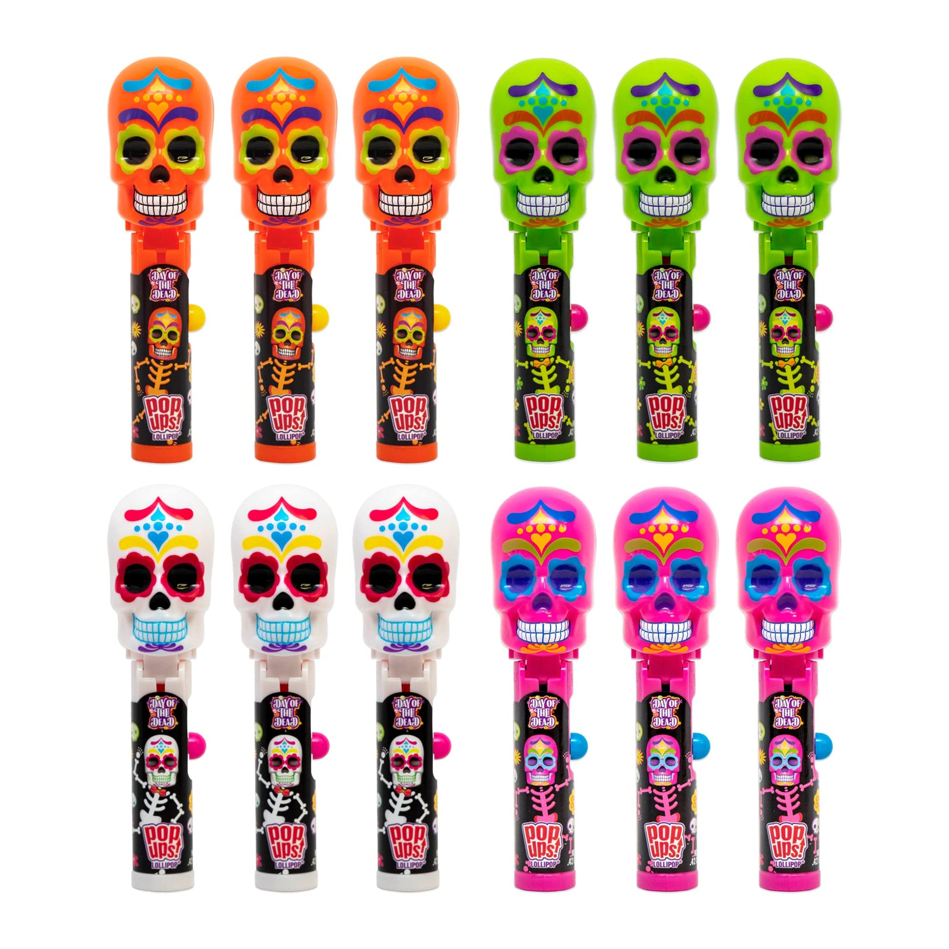 Pop Ups! Day Of The Dead Lollipop Holder - 12 Lollipops With Cases - Individually Wrapped Candy Party Favors - Sugar Skull Candy