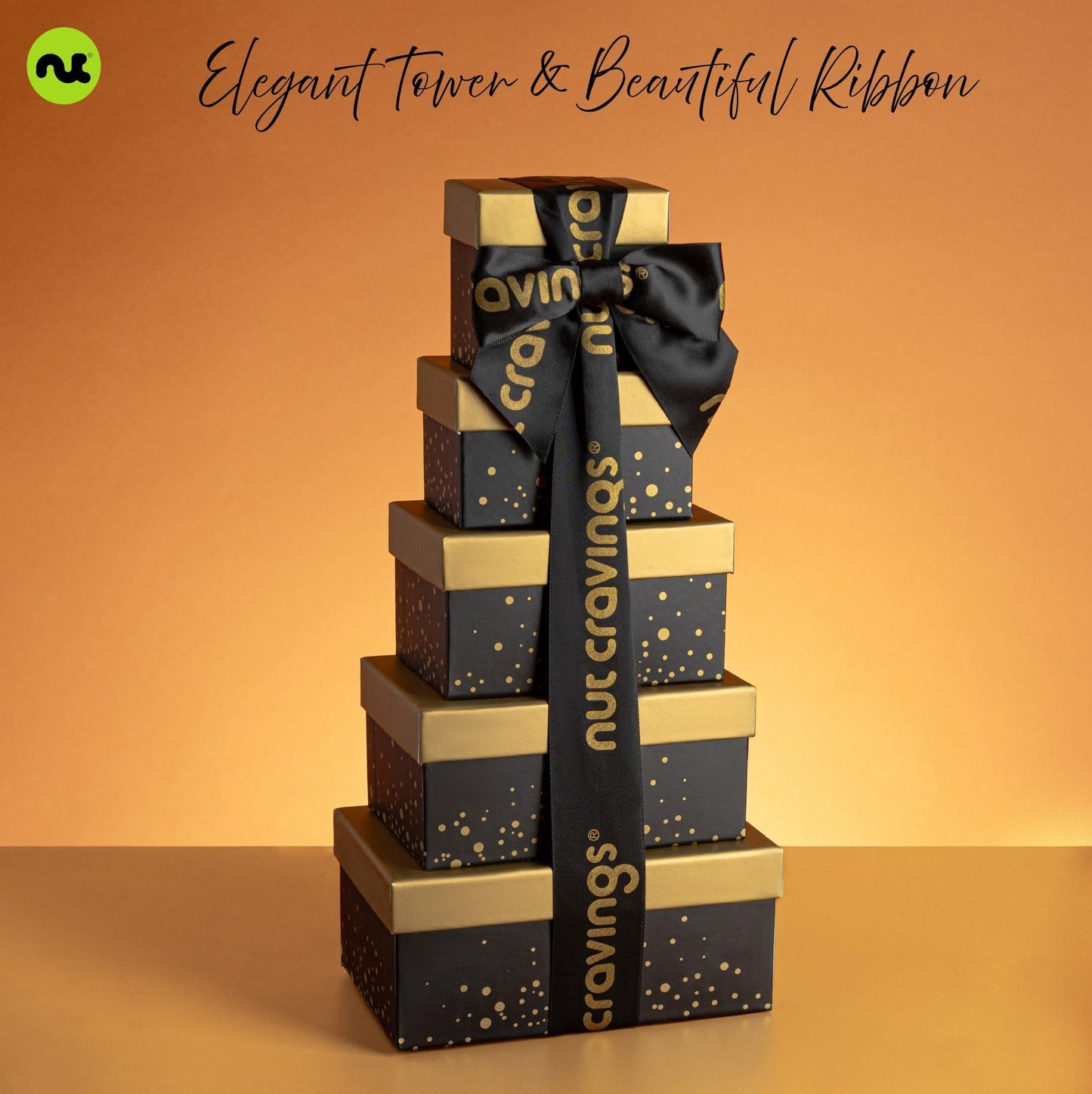 Nut Cravings Thanksgiving Chocolate Covered Pretzels & Caramel Popcorn Gift Basket, 8 Piece Assortment, Black & Gold 5 Tier Tower