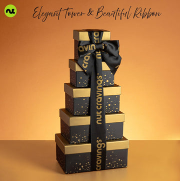 Nut Cravings Thanksgiving Chocolate Covered Pretzels & Caramel Popcorn Gift Basket, 8 Piece Assortment, Black & Gold 5 Tier Tower