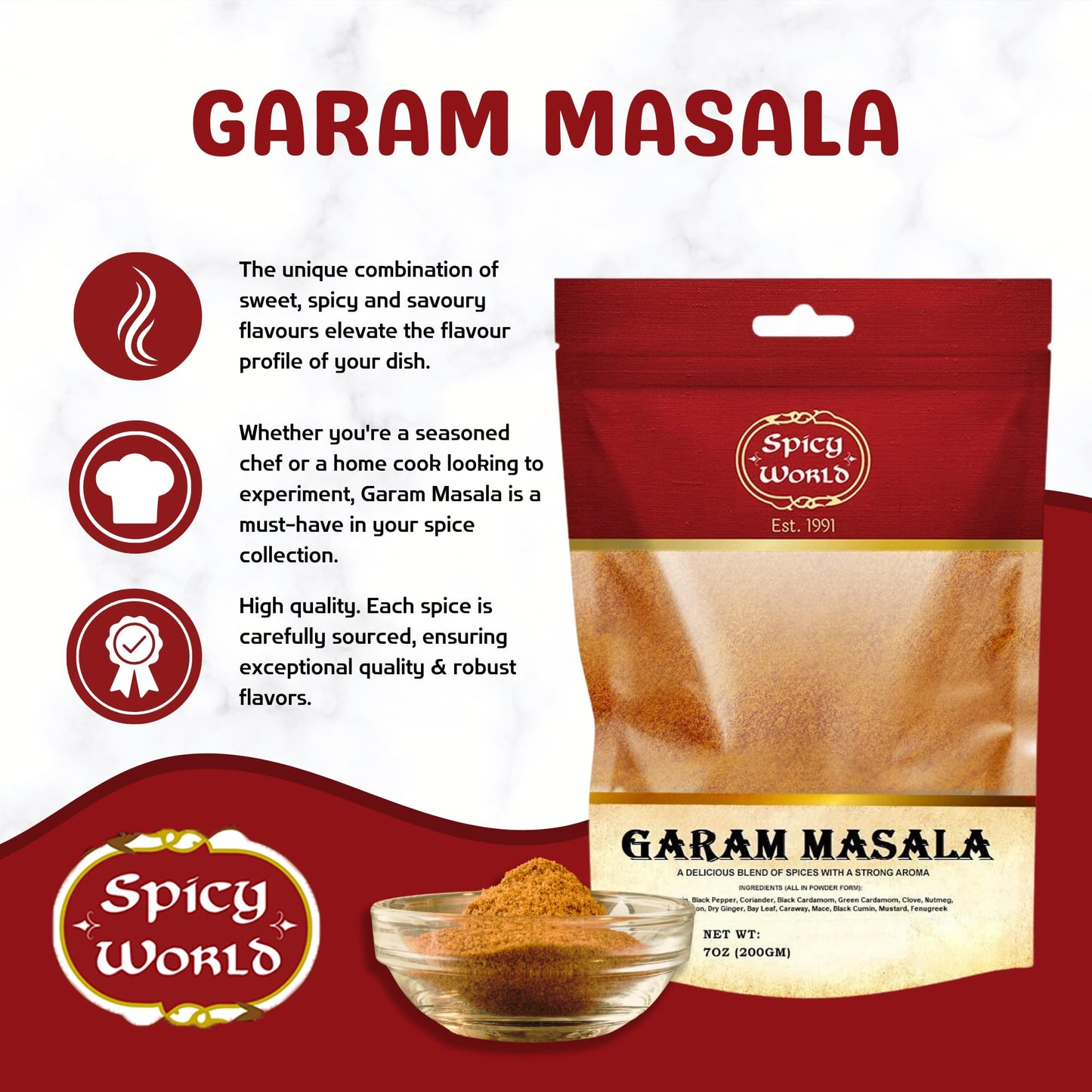 Spicy World Garam Masala Powder 7-Ounce (15 enhanced Spice Blend) | Salt Free  Vegan | Indian Origin | Garam Masala Spice Powder