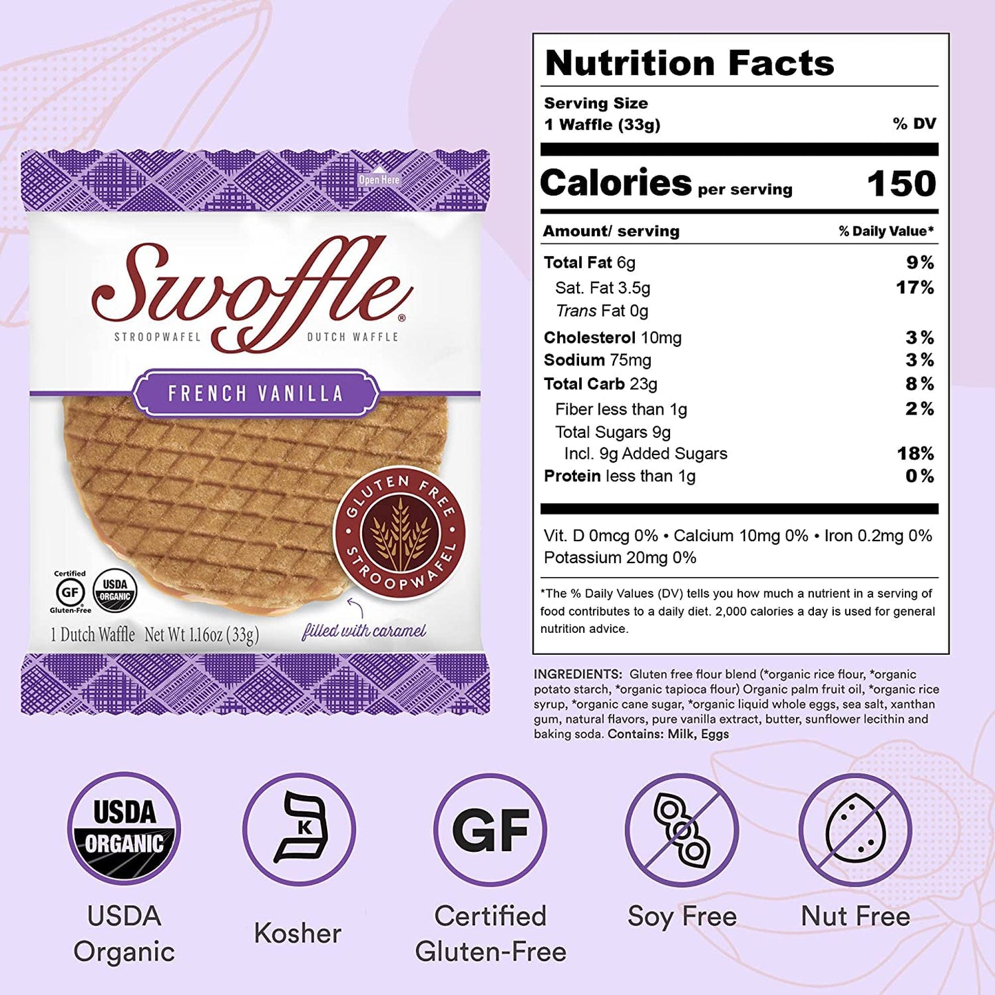Gluten Free Organic Stroopwafels By Swoffle - French Vanilla | (4) 1.16Oz Wafers | Non-Gmo, Wheat Free, Kosher, Soy Free, Nut Fr