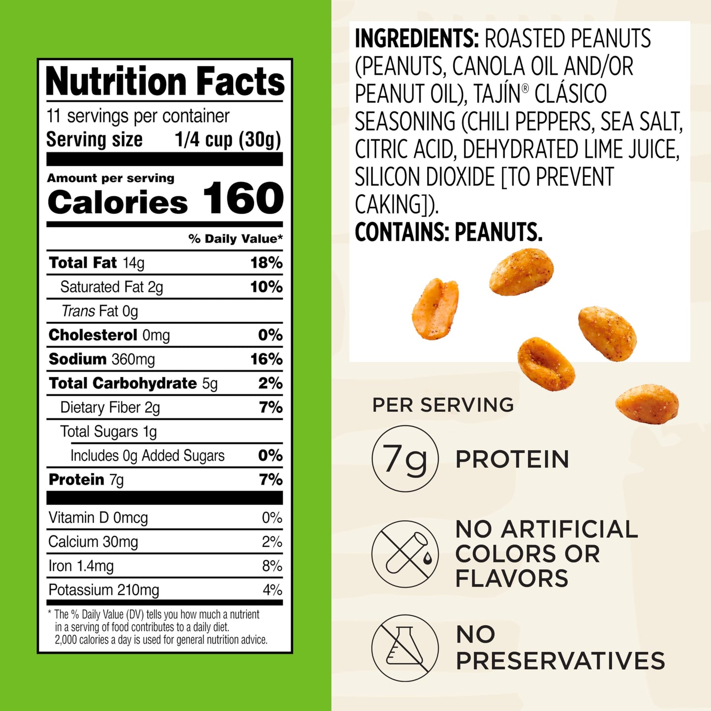 Snak Club Tajin Peanuts, Roasted Nuts with Chili and Lime Seasoning, Mild, Gluten-Free and Kosher Snacks, No Artificial Colors o