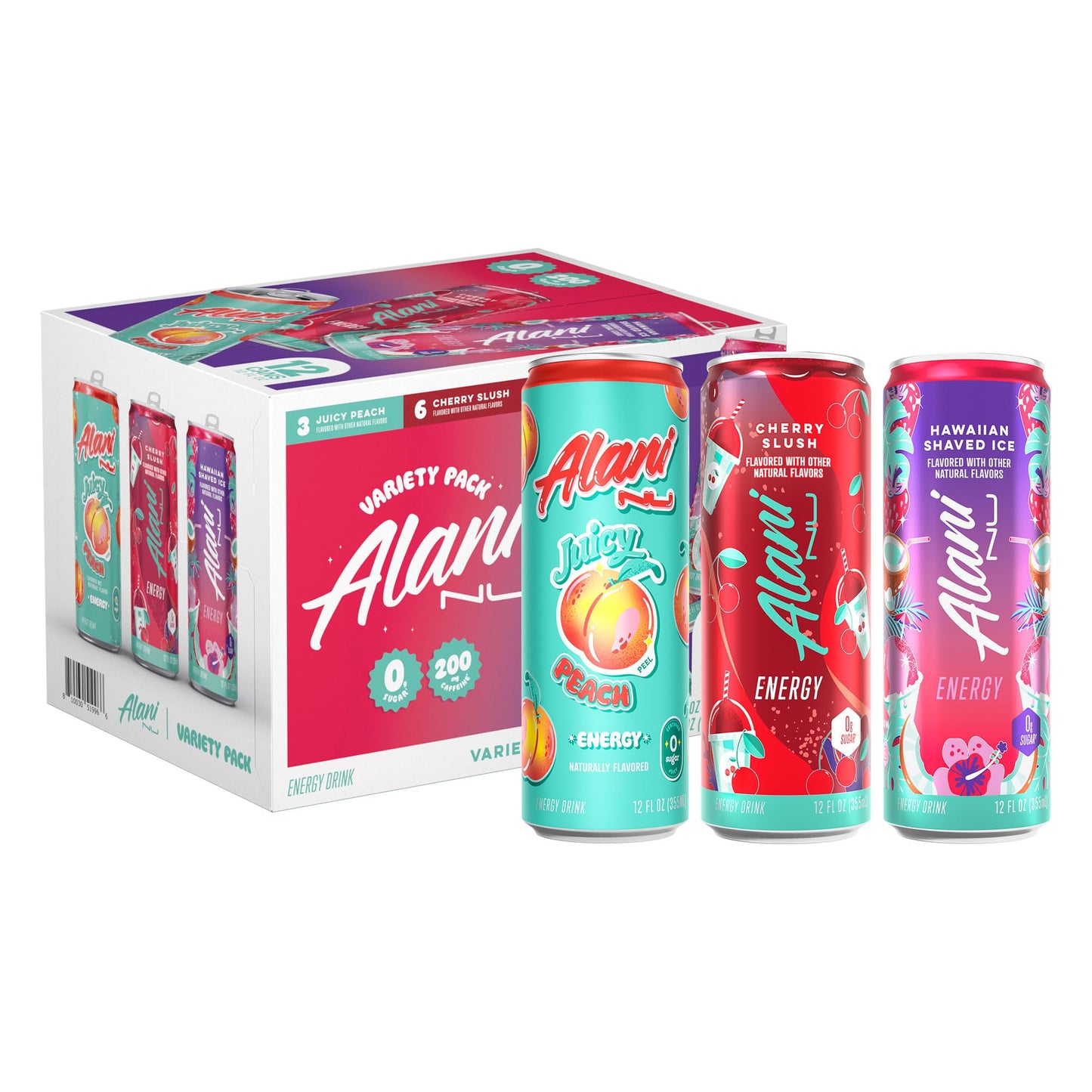 Alani Nu Energy Drink Variety Pack - Cherry Slush, Juicy Peach, Hawaiian Shaved Ice, Sugar Free, 200mg Caffeine, 12 Fl Oz, 12 Pack
