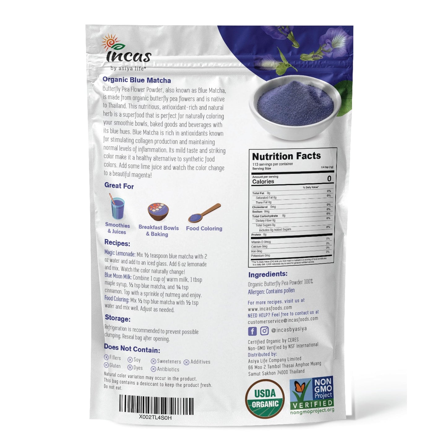 INCAS 100% Organic Butterfly Pea Flower Powder - 4oz Blue Matcha Tea, Non-GMO, Vegan Culinary Colorant from Thailand