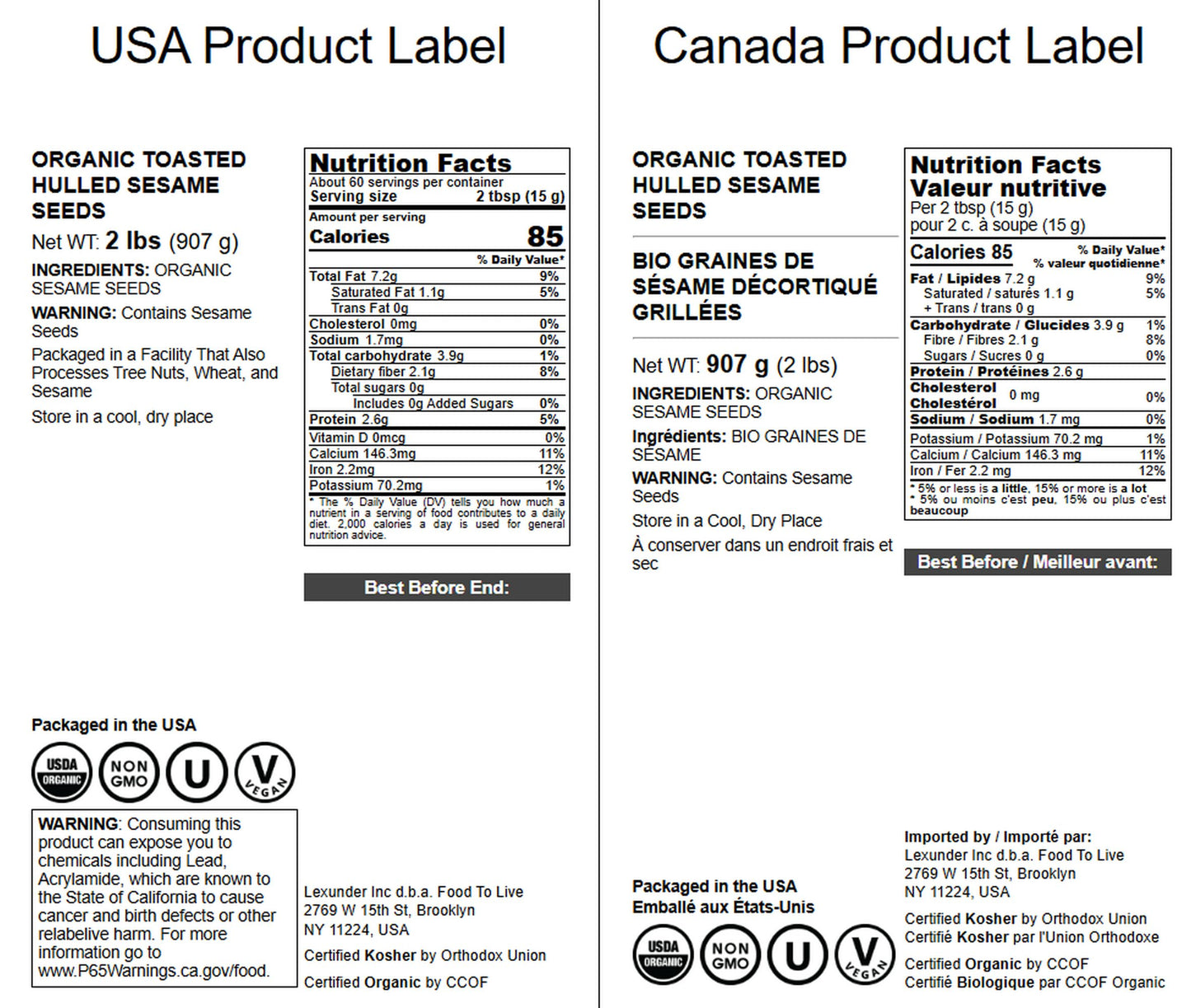 Food to Live Organic Toasted Hulled Sesame Seeds, Oven Roasted, Unsalted, 2 Pounds, No-GMO, Vegan, Kosher