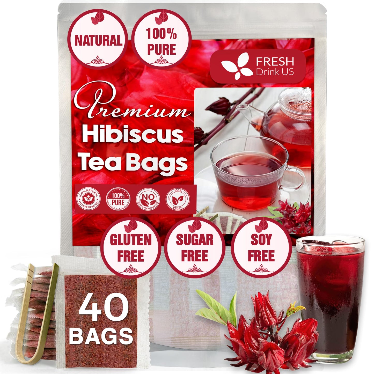 FRESHDRINKUS Hibiscus Flowers Tea Bags, 100% Natural Herbal Tea, Vegan, 40 Count