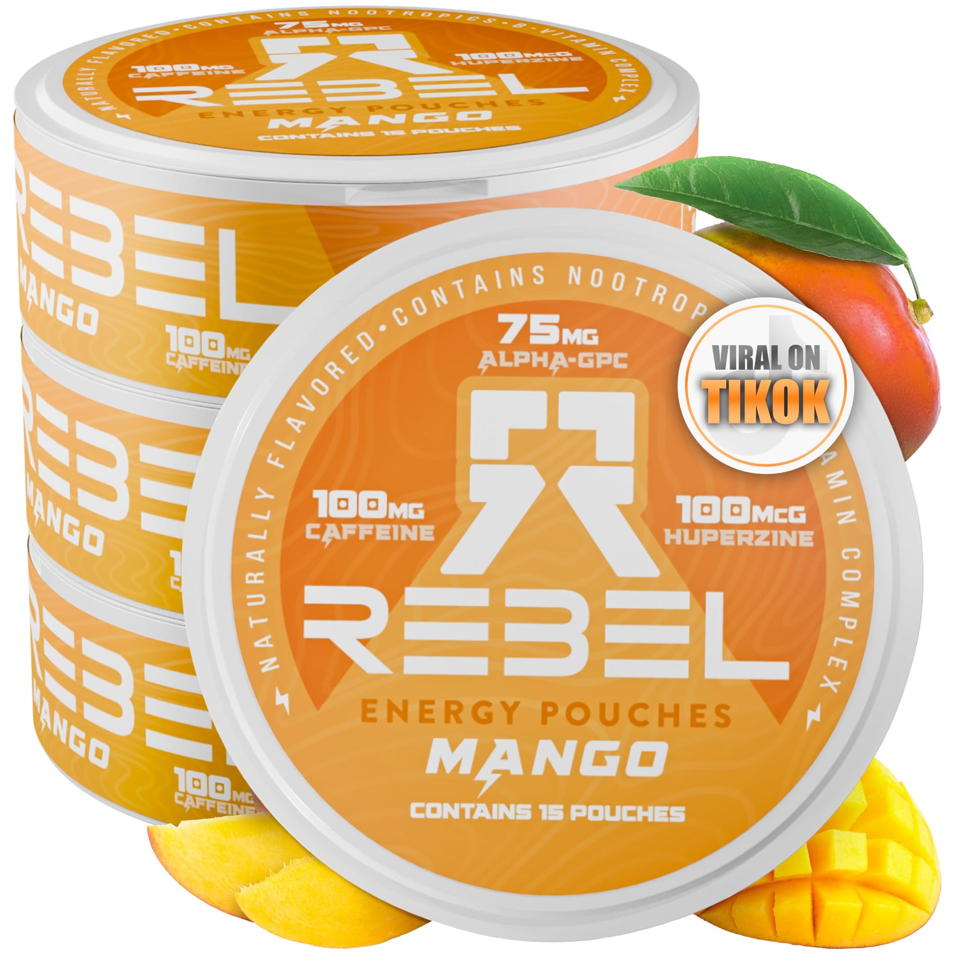 Rebel Supplements Nootropic Energy Pouches, 100mg Caffeine, Sugar-Free, Mango Flavor, Pack of 4